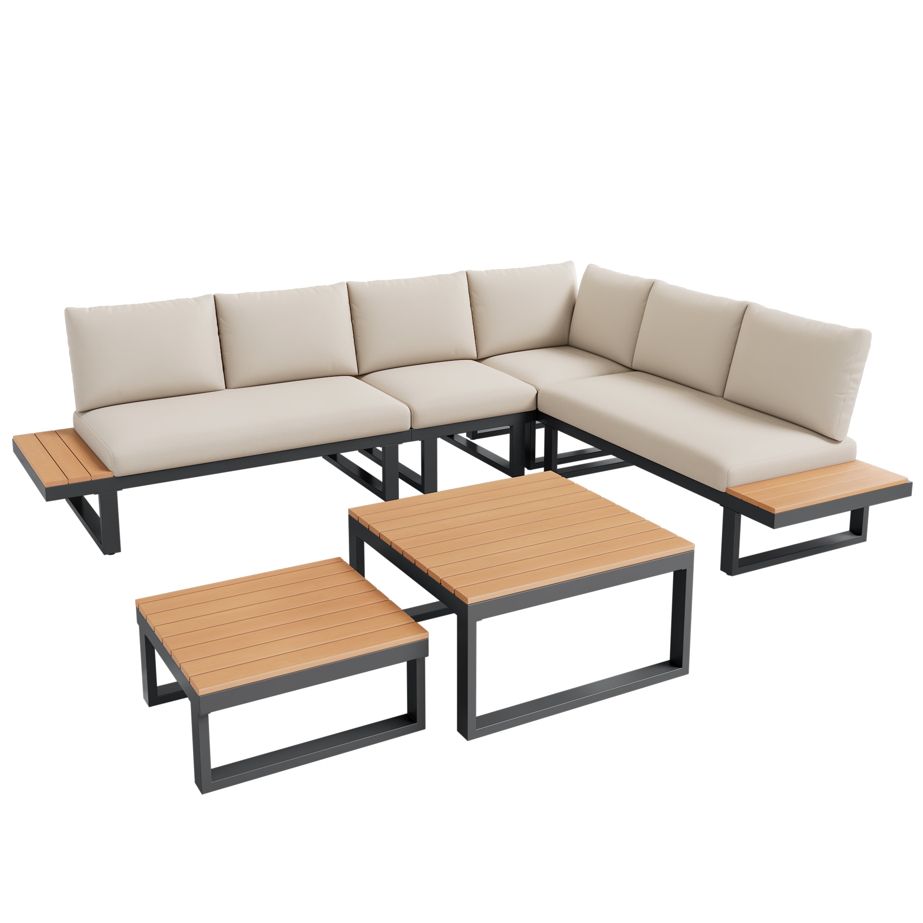 Garden Furniture Set with Adjustable Tilt Function and Two Coffee Tables, Beige and Black
