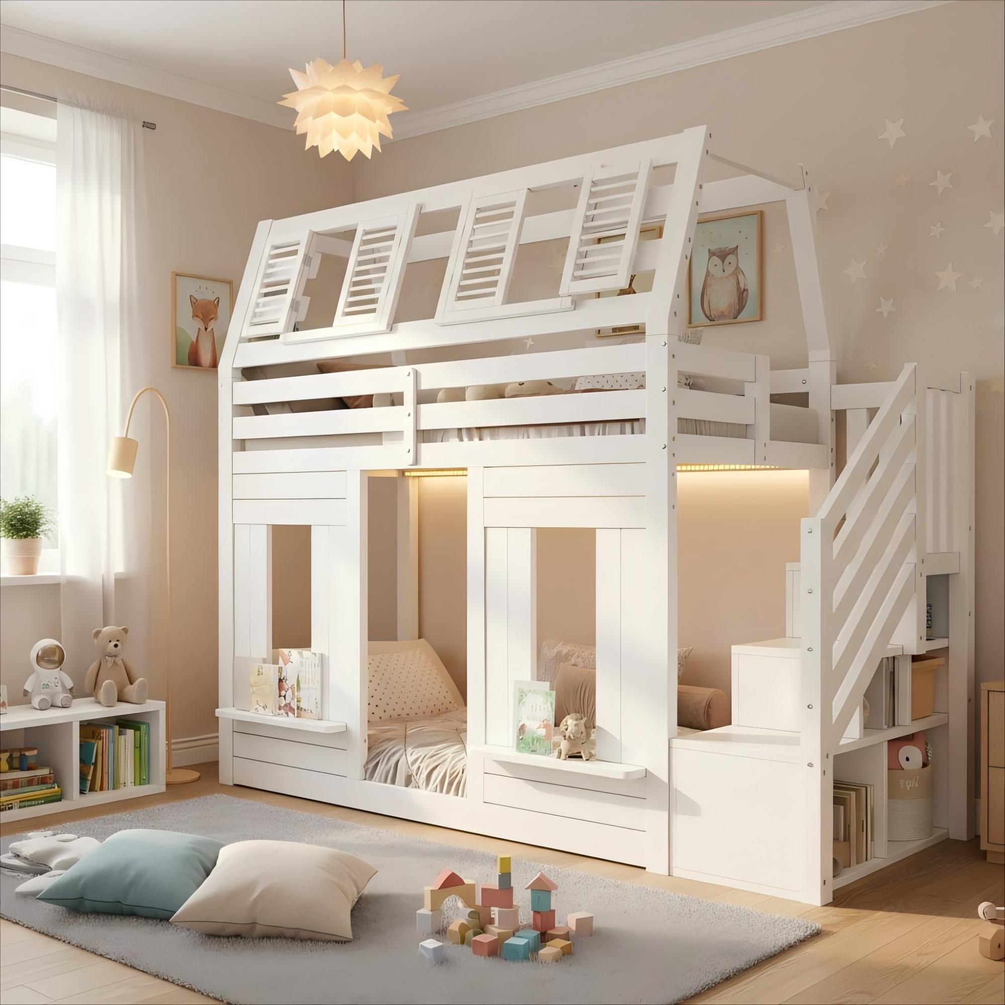 Bunk Bed with LED, Fall Protection and Storage Stairs, 90x200cm, White Wooden House Design