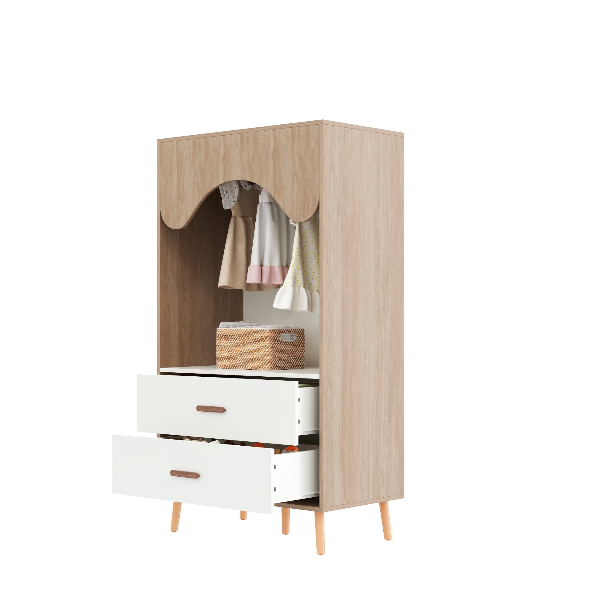 Children's Wardrobe, Sliding Door + Open Combination, 141.5cm, White + Natural Wood