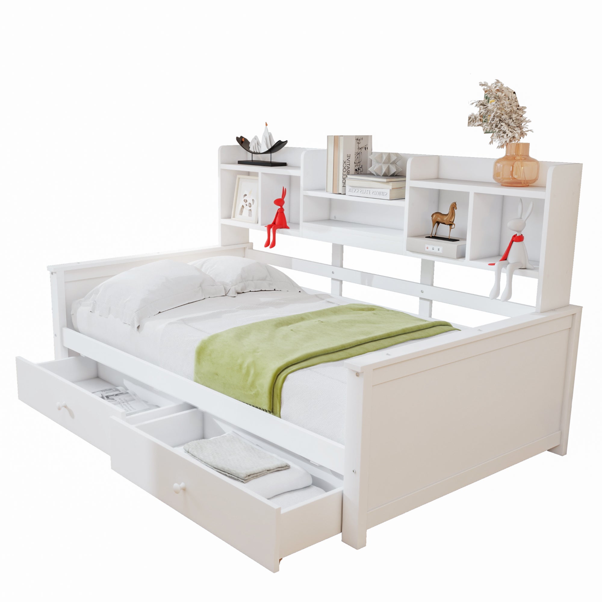 Solid Wood Sofa Bed 90x200 Storage Drawers Shelves White