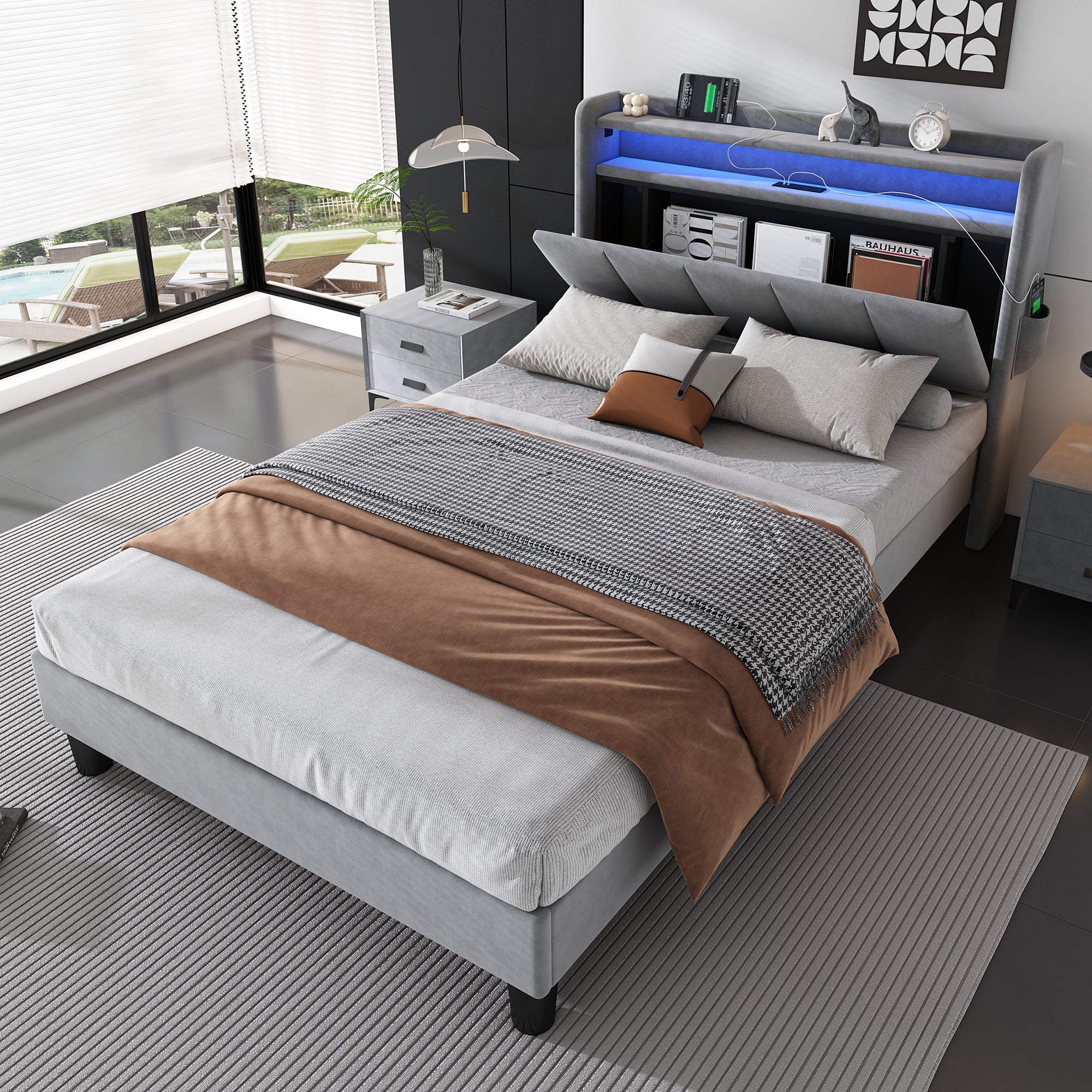Upholstered Bed, 3FT Single with Storage, LED, USB & Type C, Velvet Grey