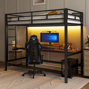 Loft Bed with Desk, USB, Power Outlets and App-Controlled LED Lights, 90x200cm, Black Metal