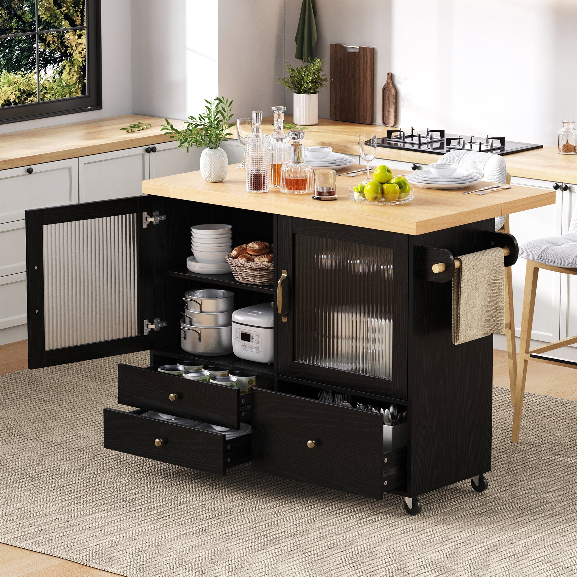 Mobile Kitchen Island Extendable Table Storage Wine Rack - Black