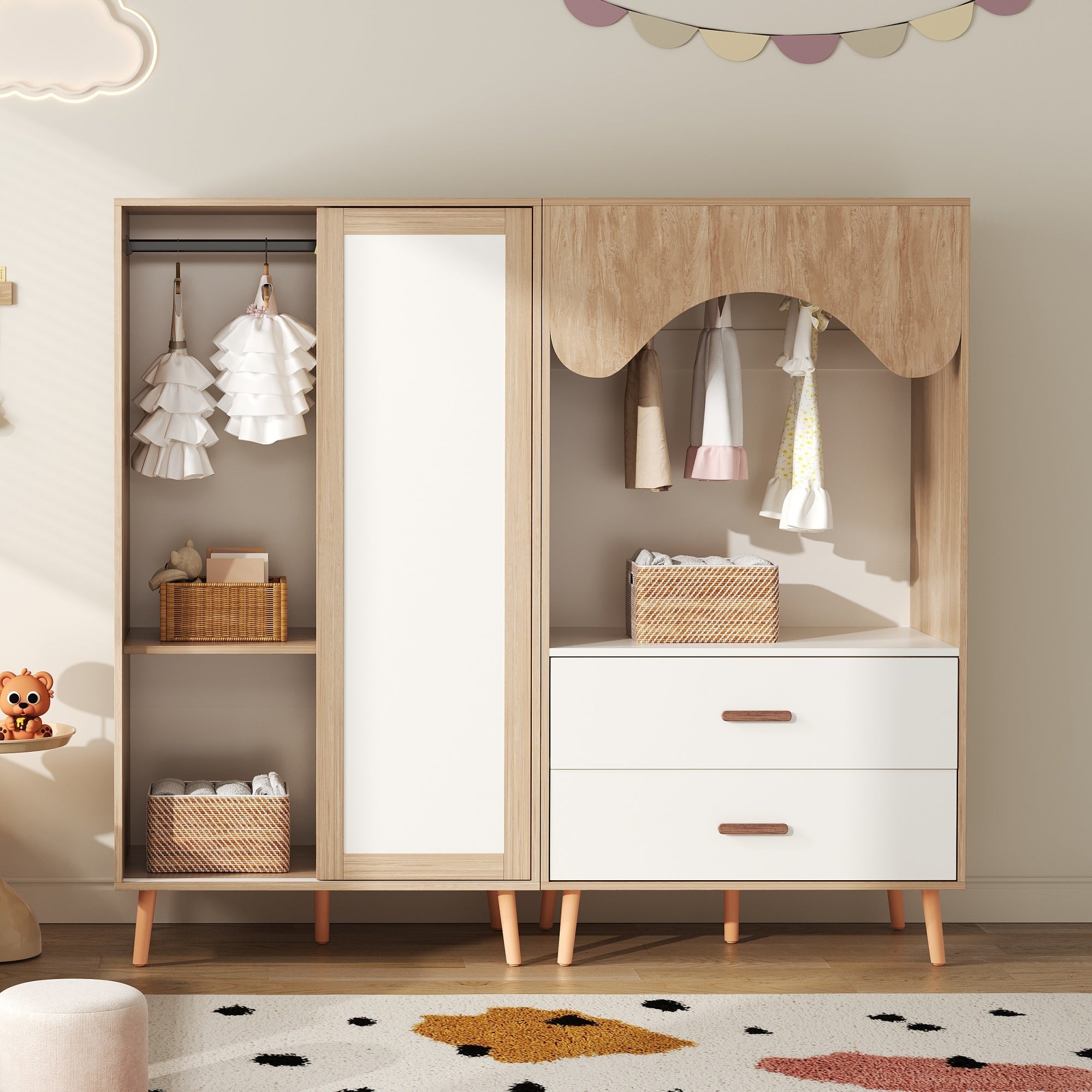 Children's Wardrobe, Sliding Door + Open Combination, 141.5cm, White + Natural Wood