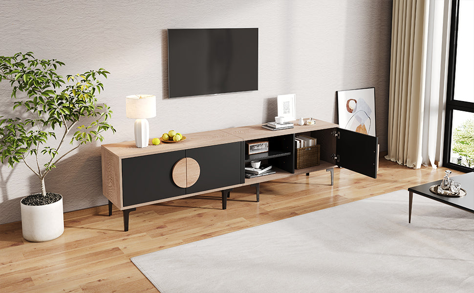 TV Cabinet Lowboard 180cm 2 Cabinets Open Shelves for 80 Inch TV - Wood/Black