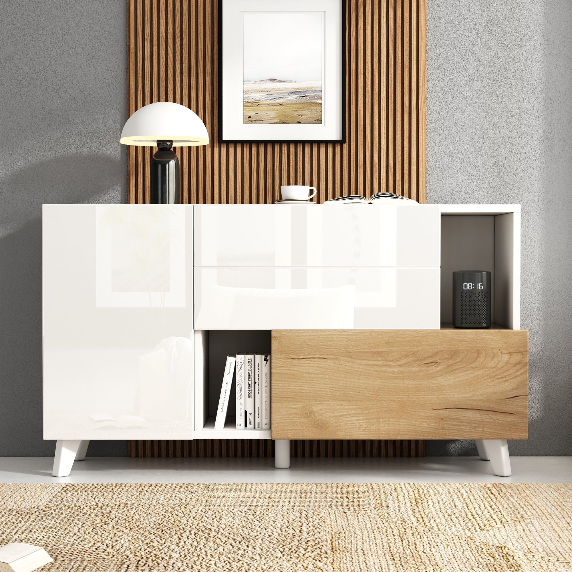 Sideboard, Storage, High-Gloss White Wood