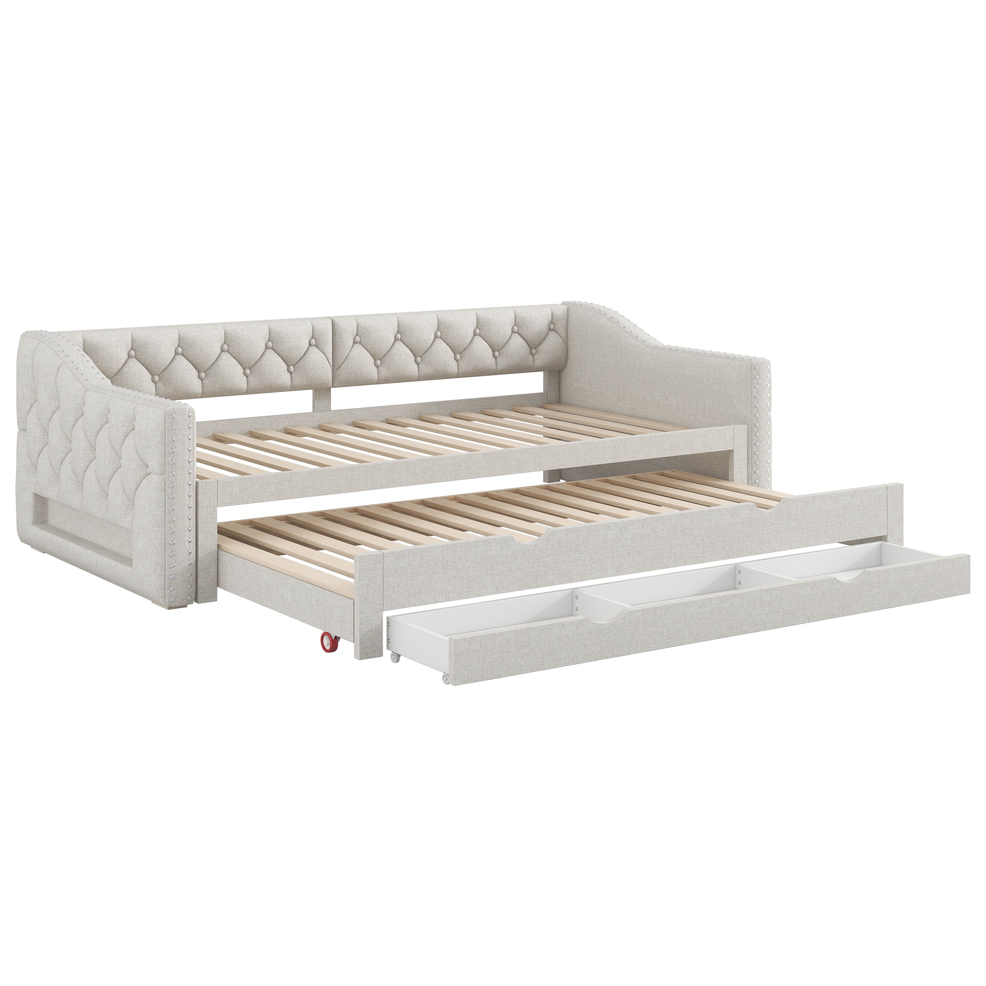Upholstered Daybed 90x200 LED Pull-Out Bed 3 Drawers - Beige
