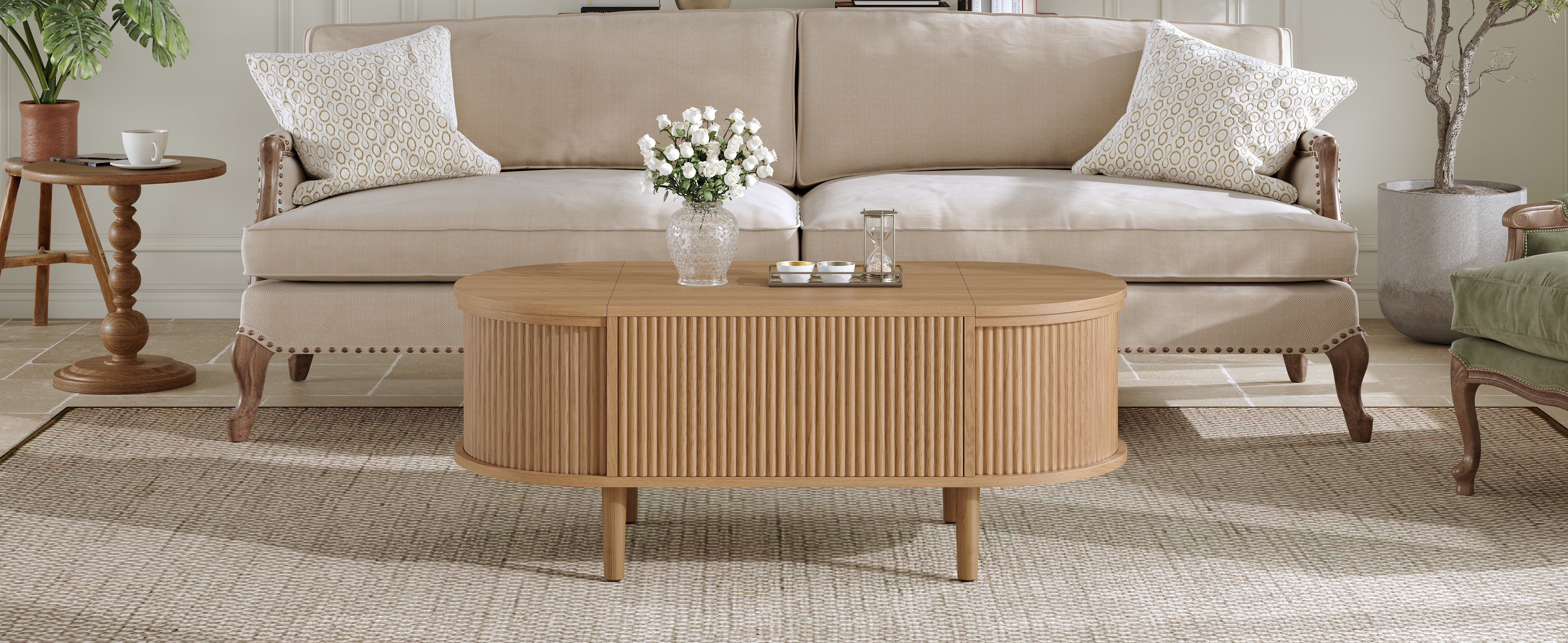 Oval Adjustable Coffee Table with Storage and Multifunctional Design, Vintage Style, Solid Wood Legs