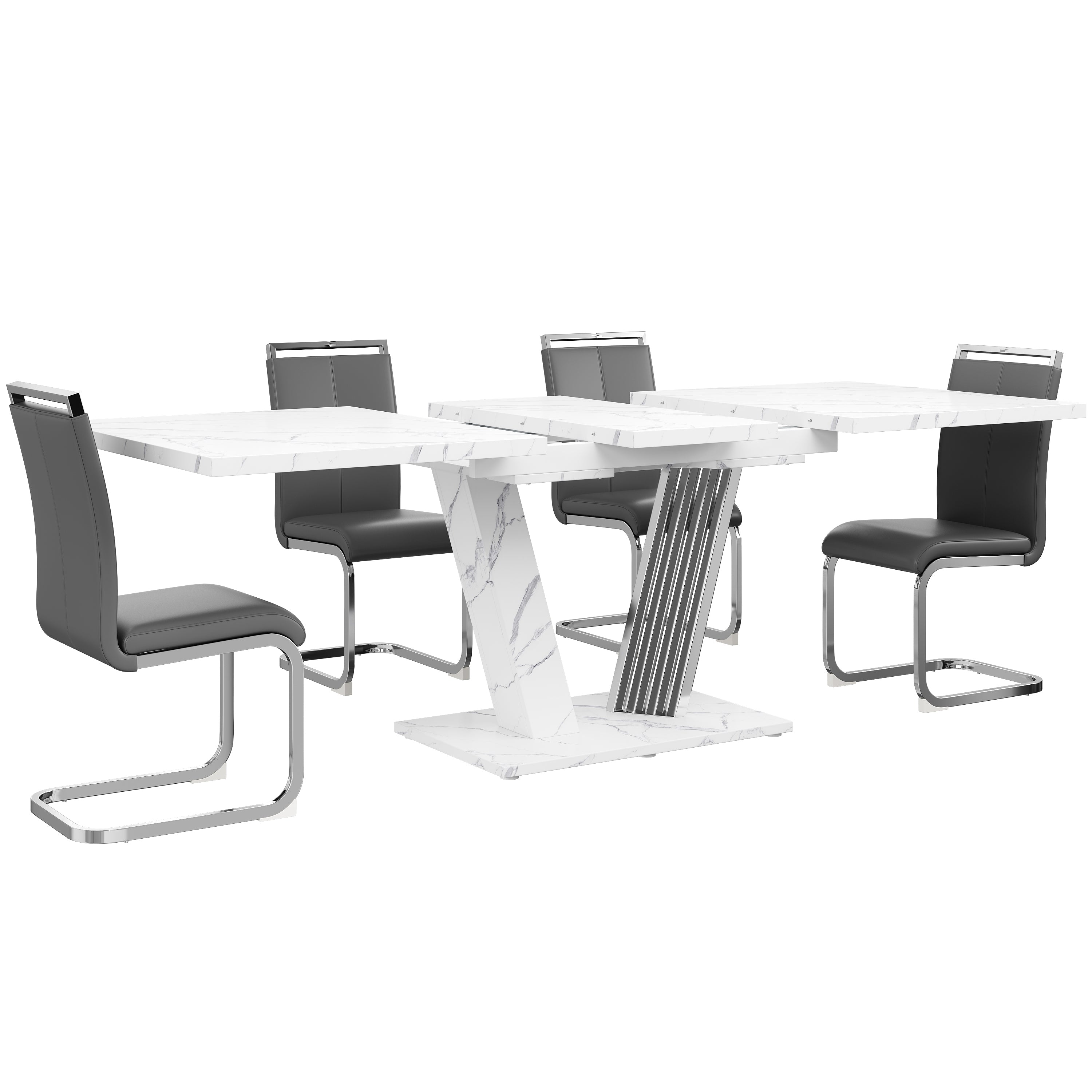Dining Set Extendable Table with 4 Faux Leather Chairs Grey