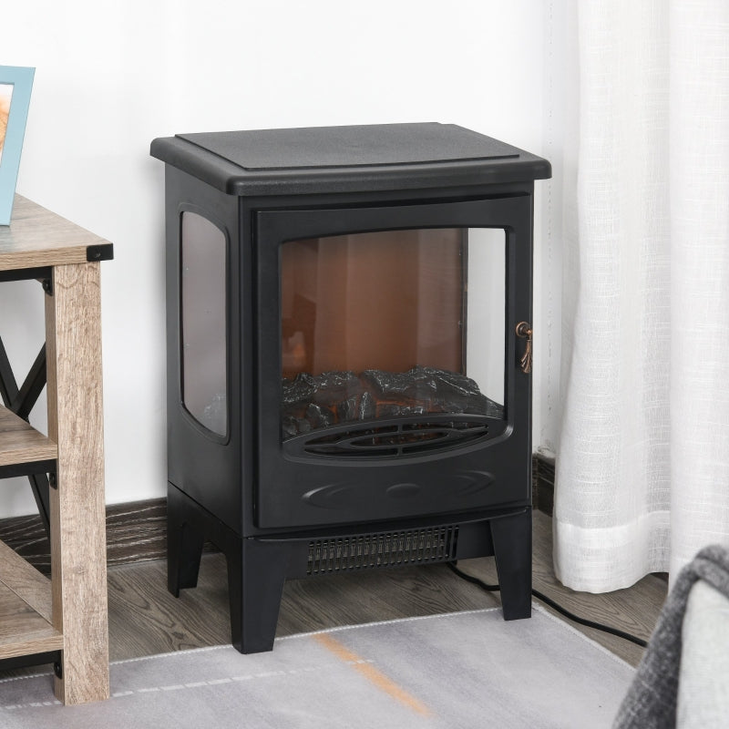 Freestanding Electric Fireplace Heater 900W/1800W Adjustable Flame Tempered Glass Black Metal