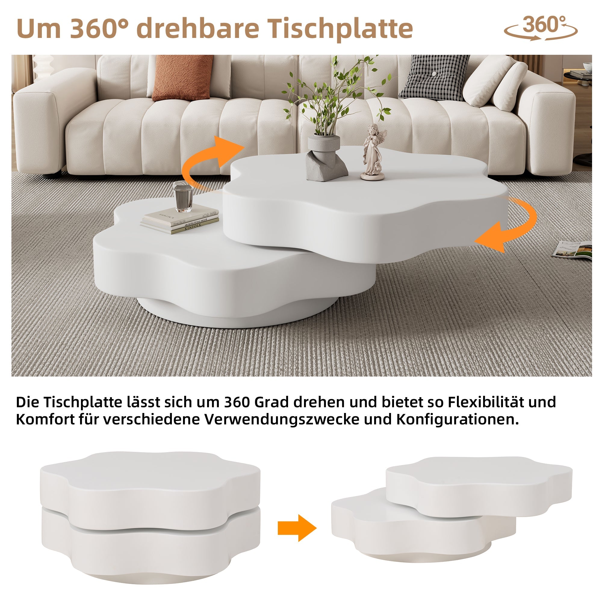 Flower Coffee Table 360° Rotating Double-Layered Storage MDF Cream White