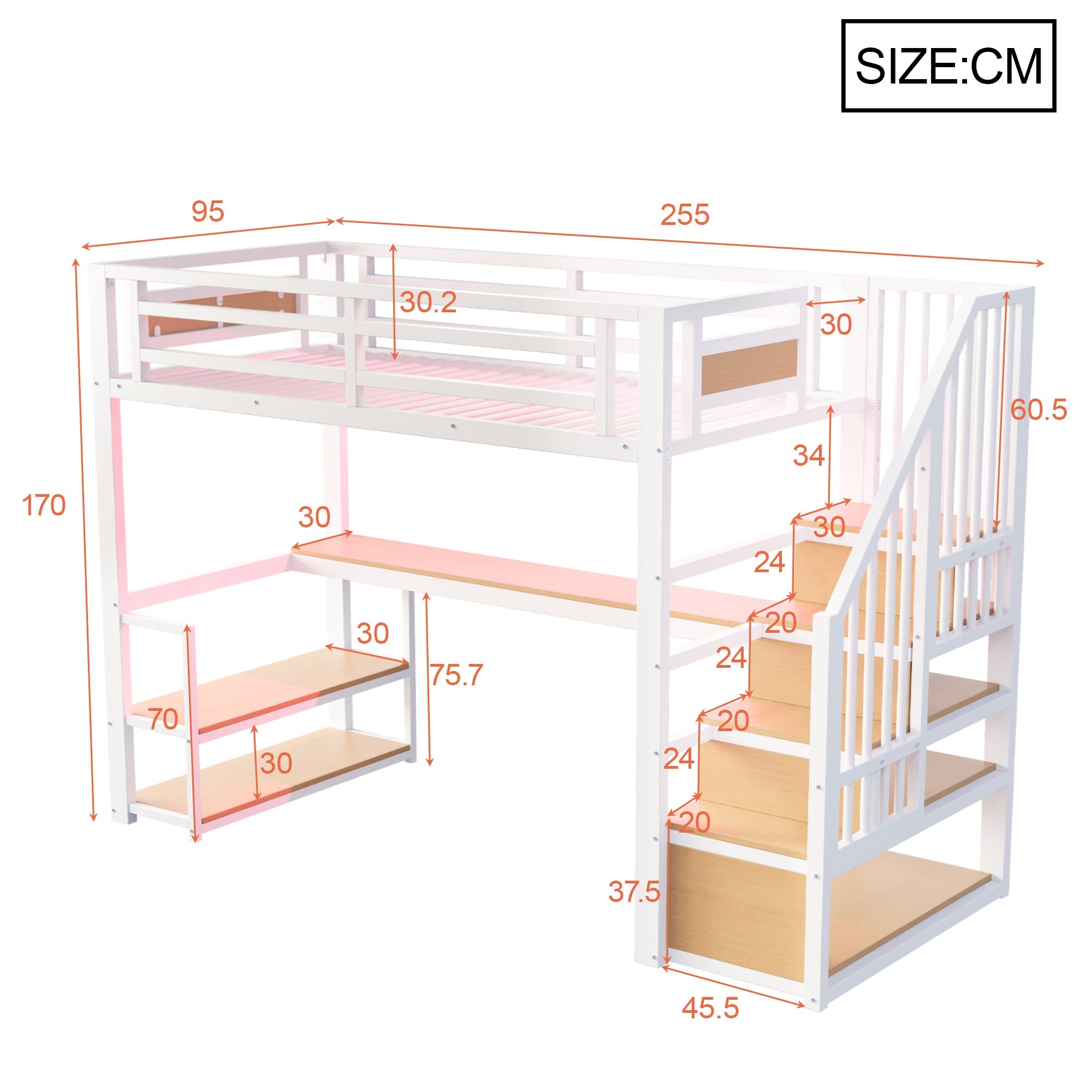 Metal Loft Bed with LED Light, Power Socket, Storage Ladder, Shelves and Desk, 90x200cm, White Metal