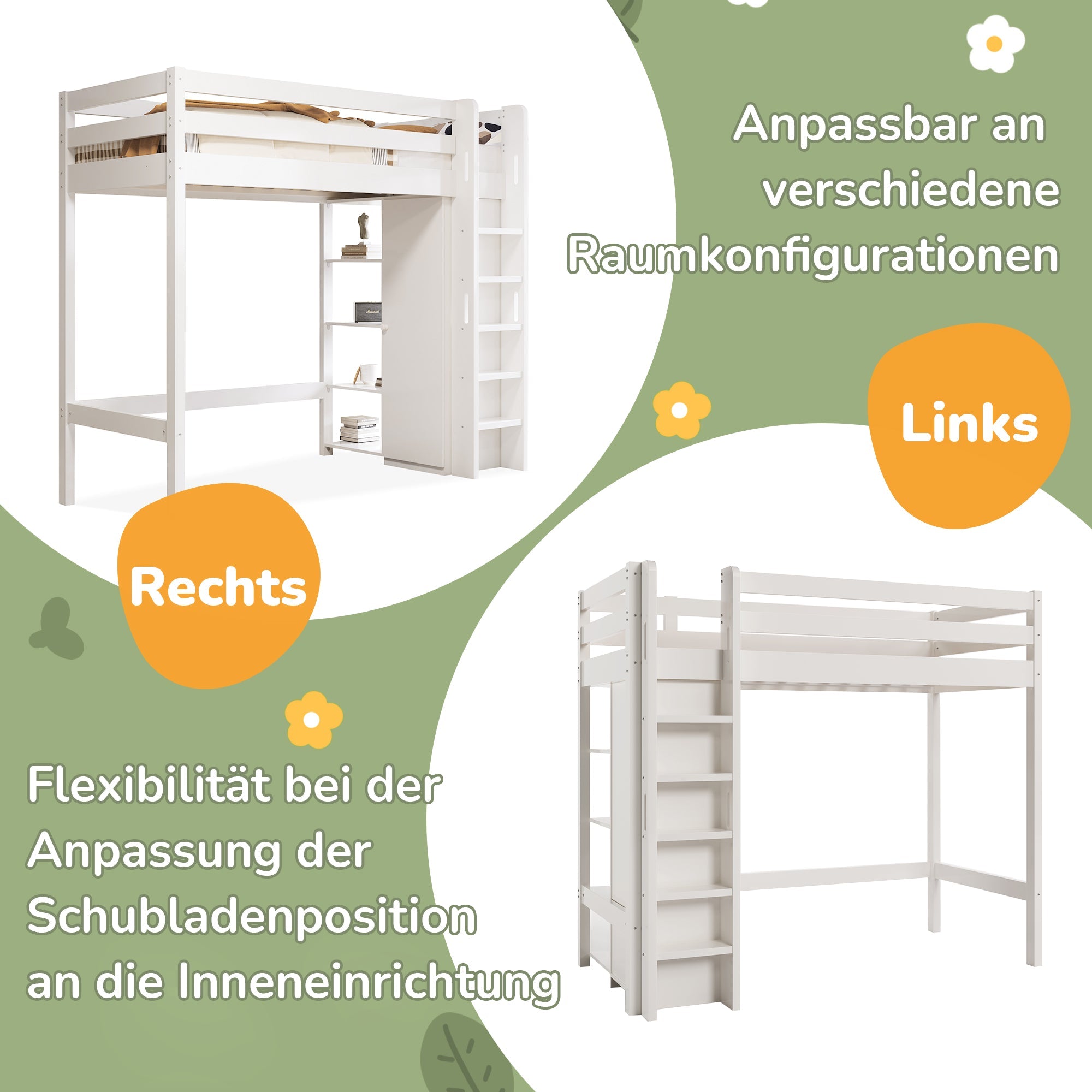 Children's Loft Bed, 90x200 cm Single with Wardrobe & 6 Shelves, White