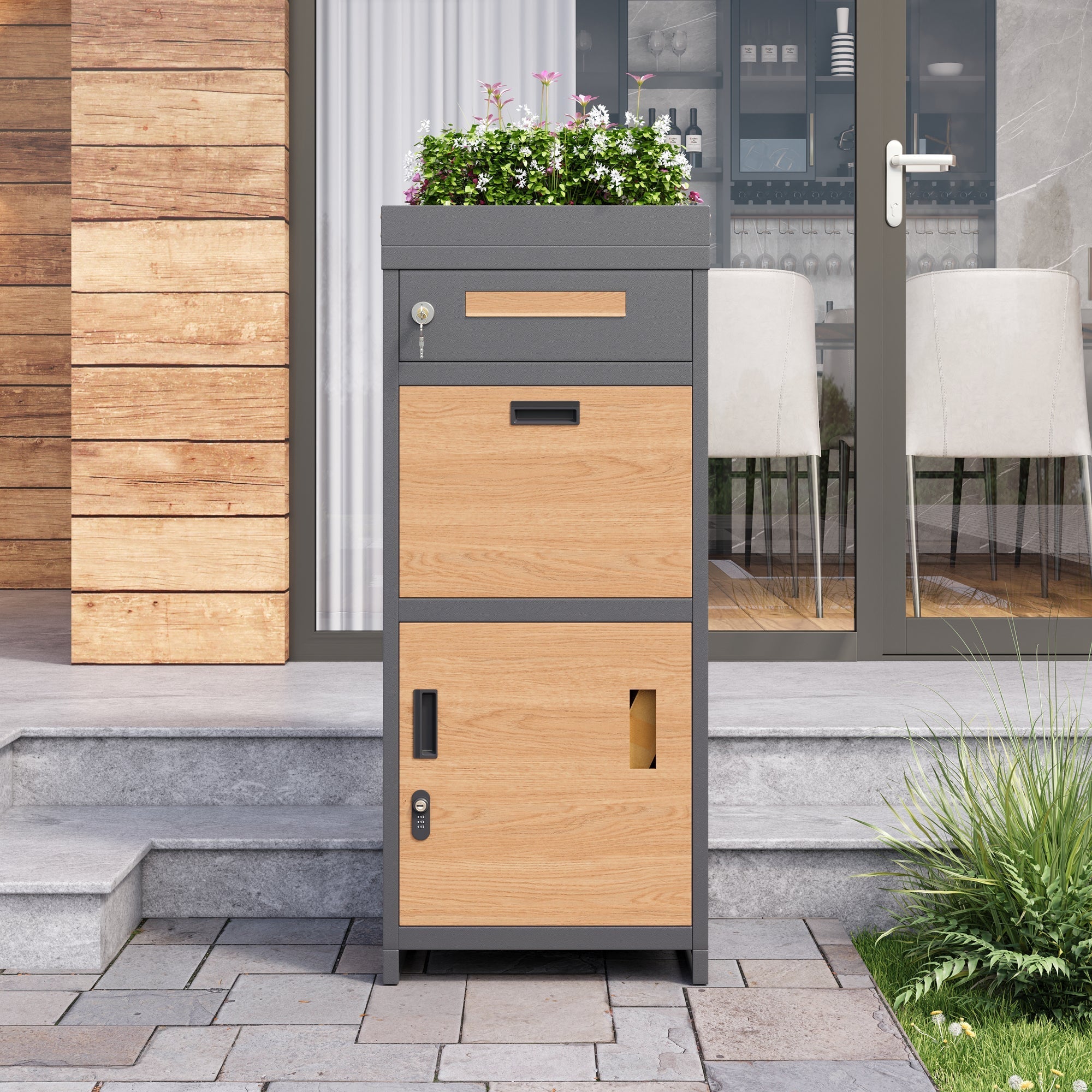 Parcel Mailbox with Combination Lock and Flower Bed, Integrated Lockable Storage Cabinet, Metal