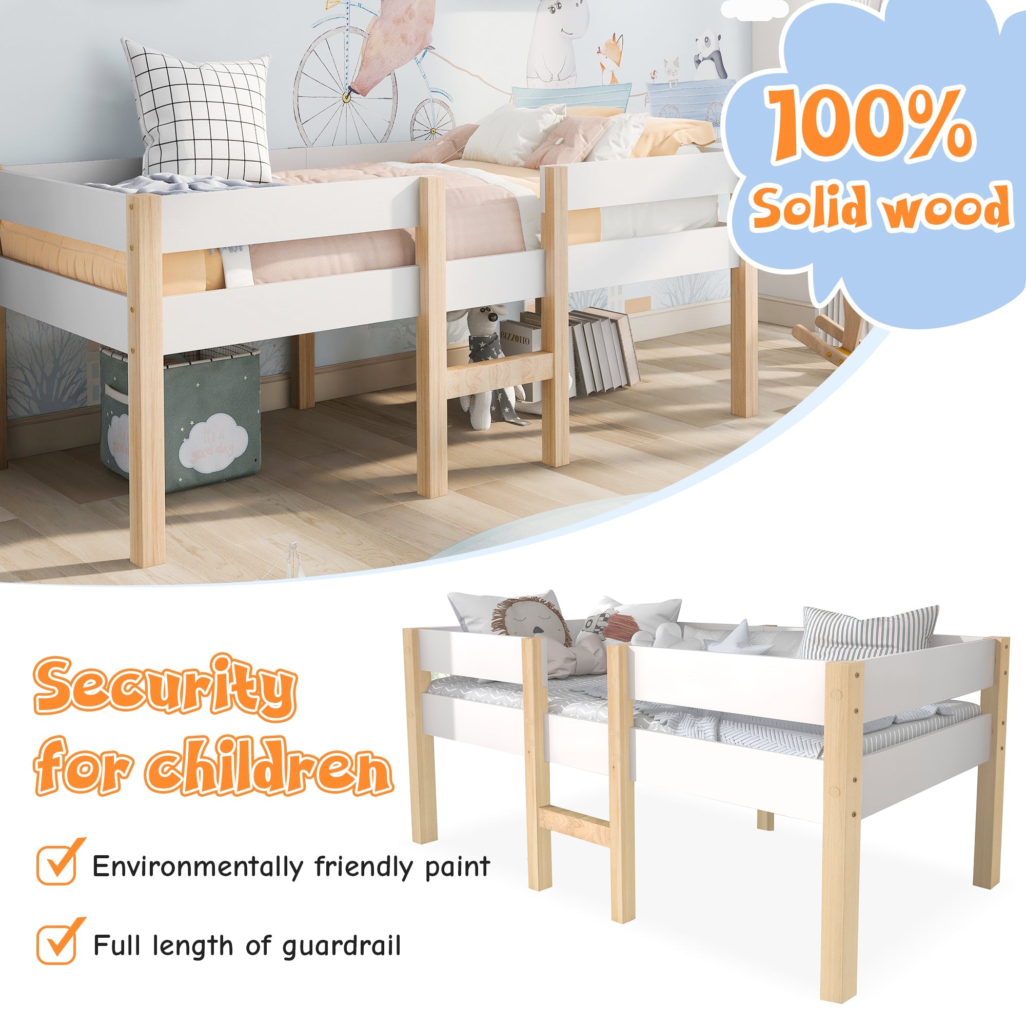 Children's bed with fall protection, 90x190 cm, solid pine wood, white & oak