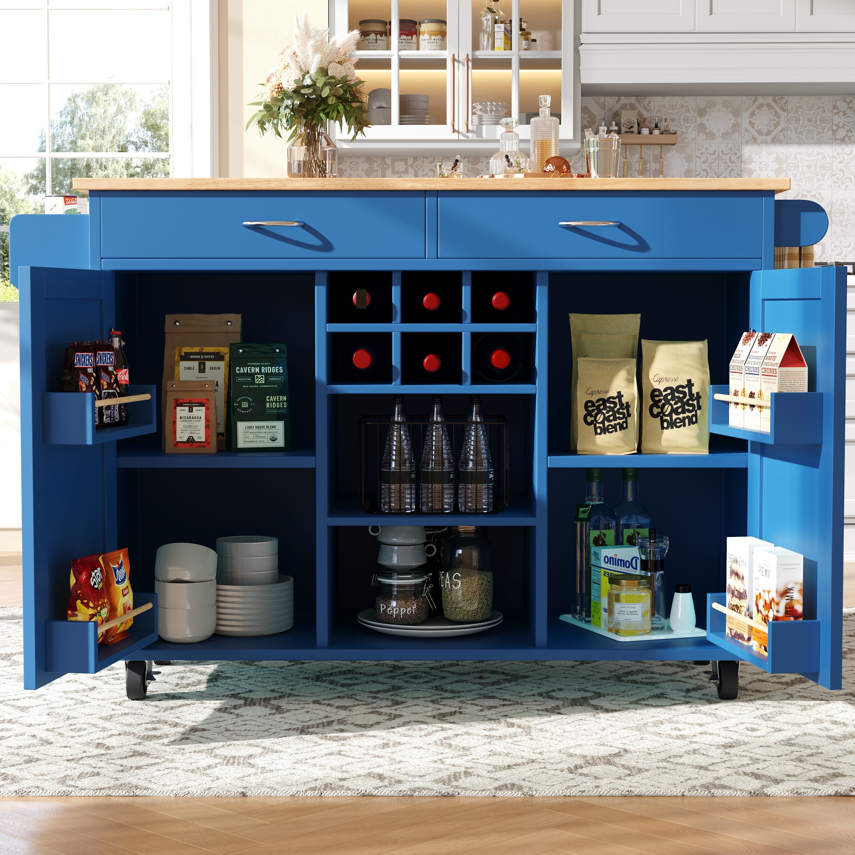 Modern Kitchen Island Dining Table Storage Wood Grain - Blue