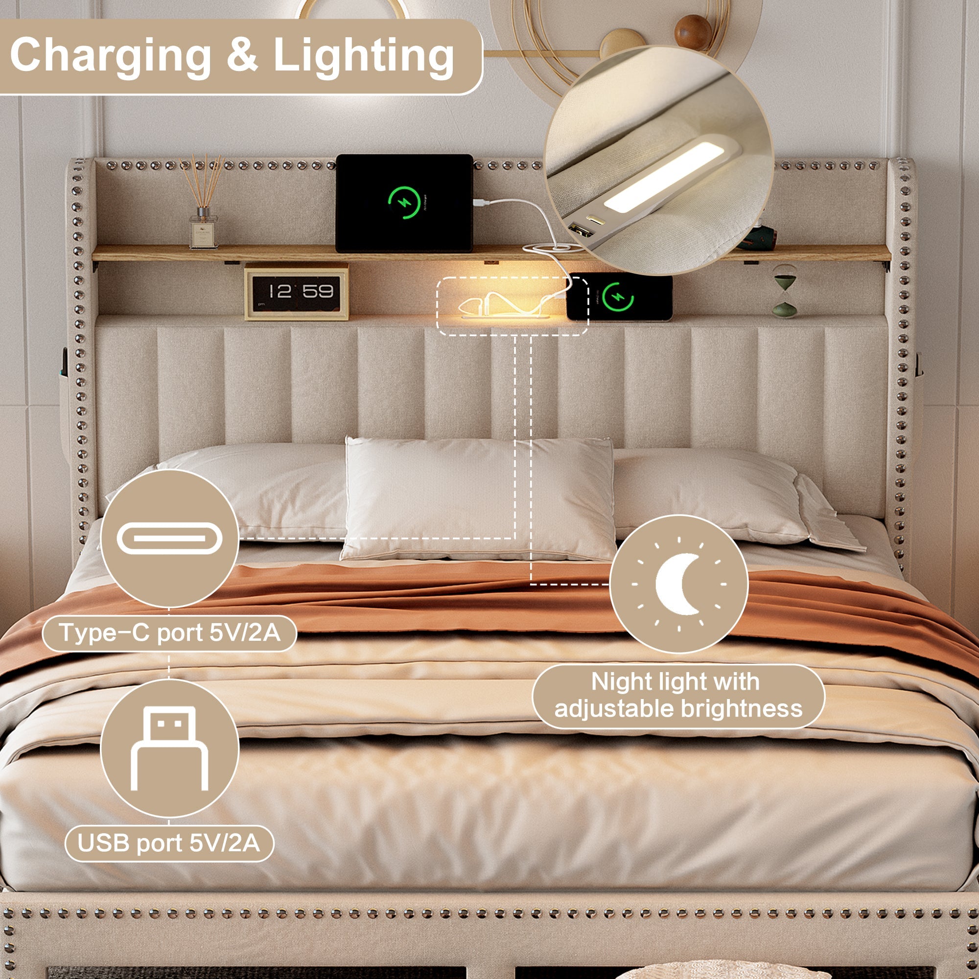 4ft6 Double Upholstered Storage Bed with Charging & Lighting, Linen, Beige