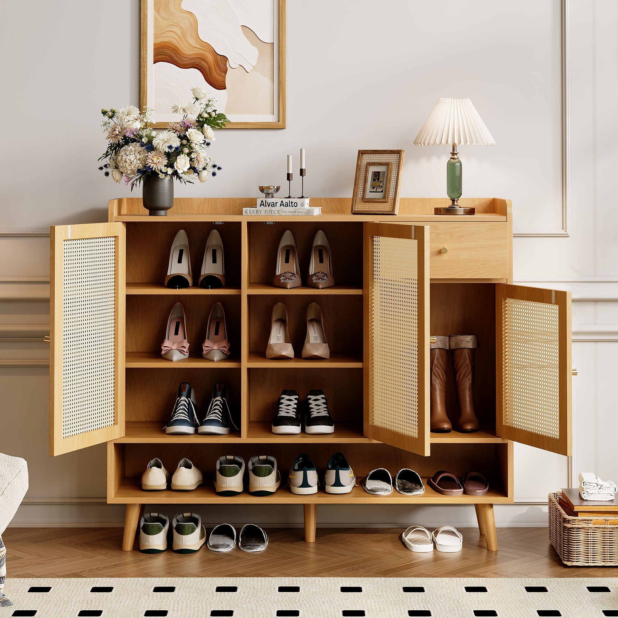 Natural rattan shoe cabinet, 3 doors, 1 drawer, 5 shelves