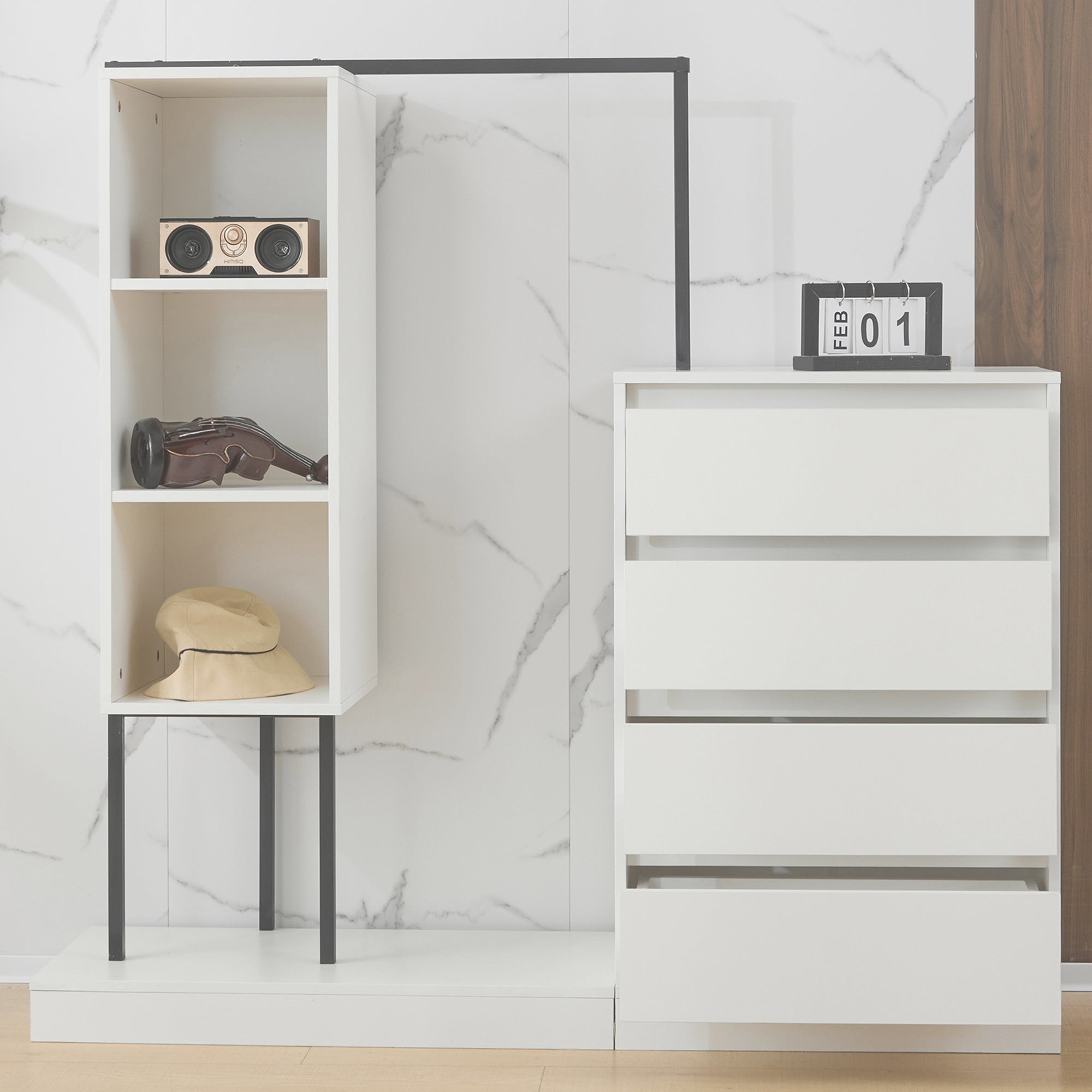 Drawer Cabinet Wardrobe Set Sideboard Clothes Rail W140/W40/H135 White