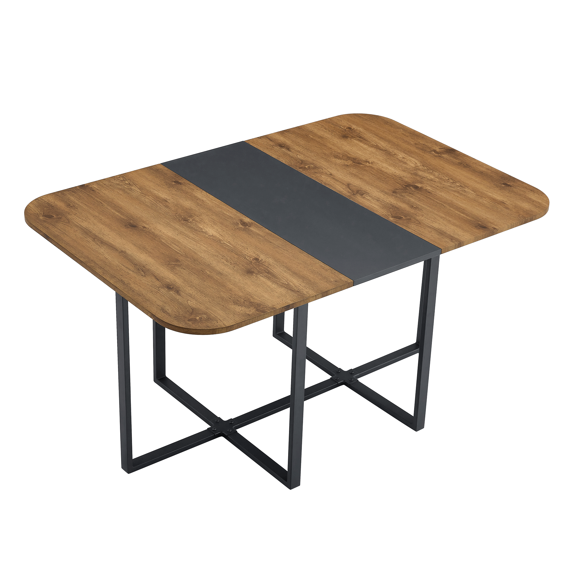 Extendable Dining Table Wood Grain Accent Black Metal Frame 4-6 Seater