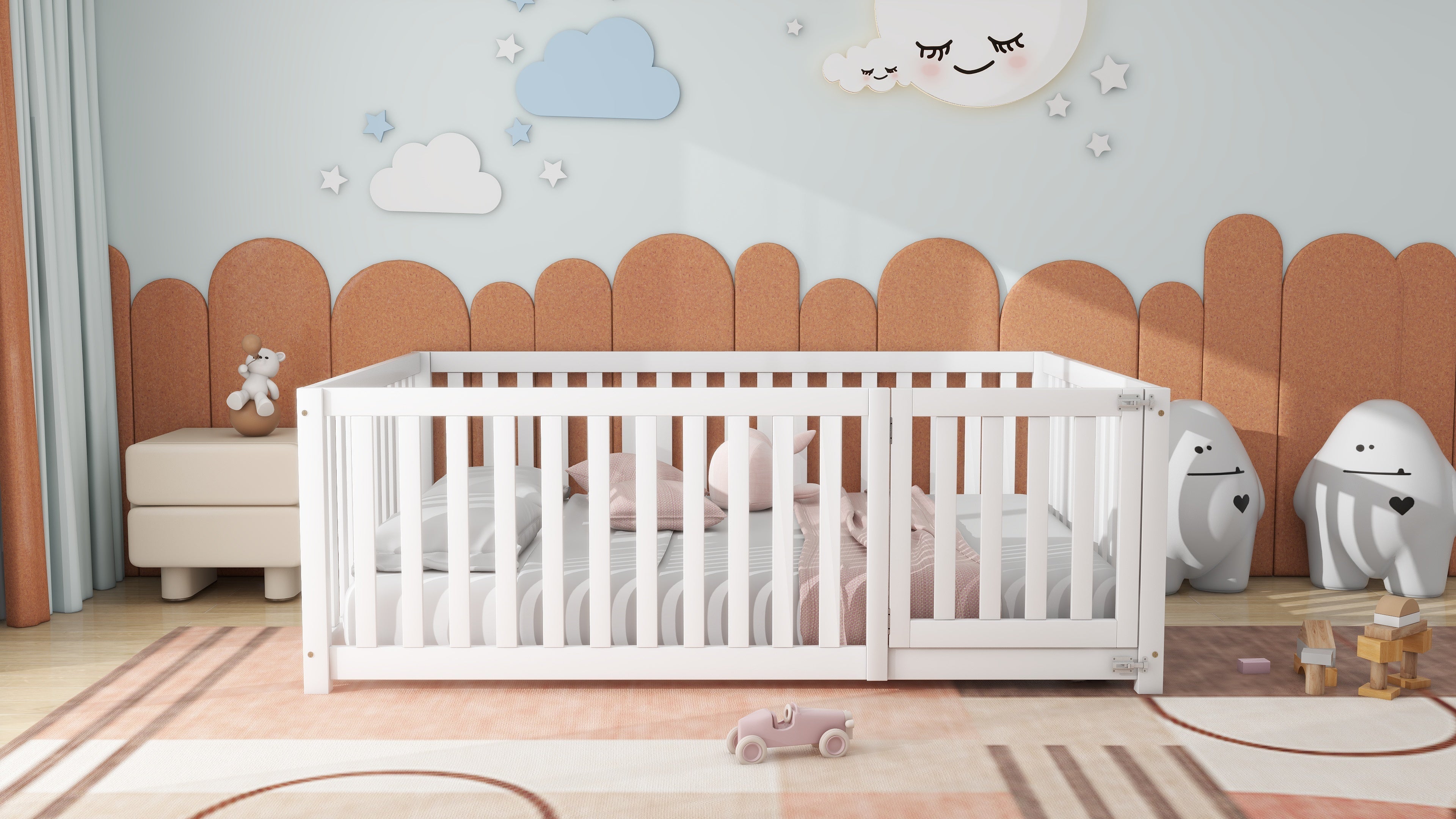 Children's bed 140 x 200, wooden floor bed frame with fence and door, white