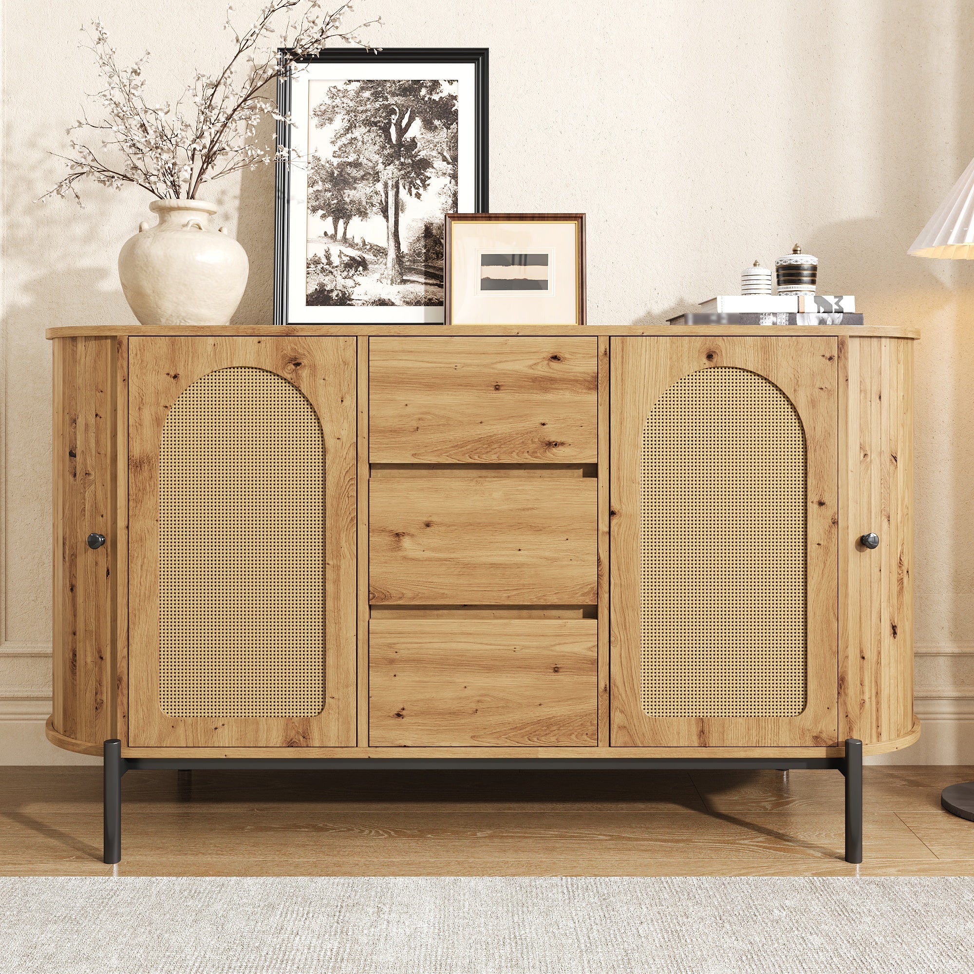Oval Sideboard with Rattan Sliding Doors and Drawers, Adjustable Compartments and Metal Legs, Wood Look