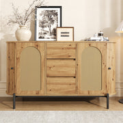 Oval Sideboard with Rattan Sliding Doors and Drawers, Adjustable Compartments and Metal Legs, Wood Look