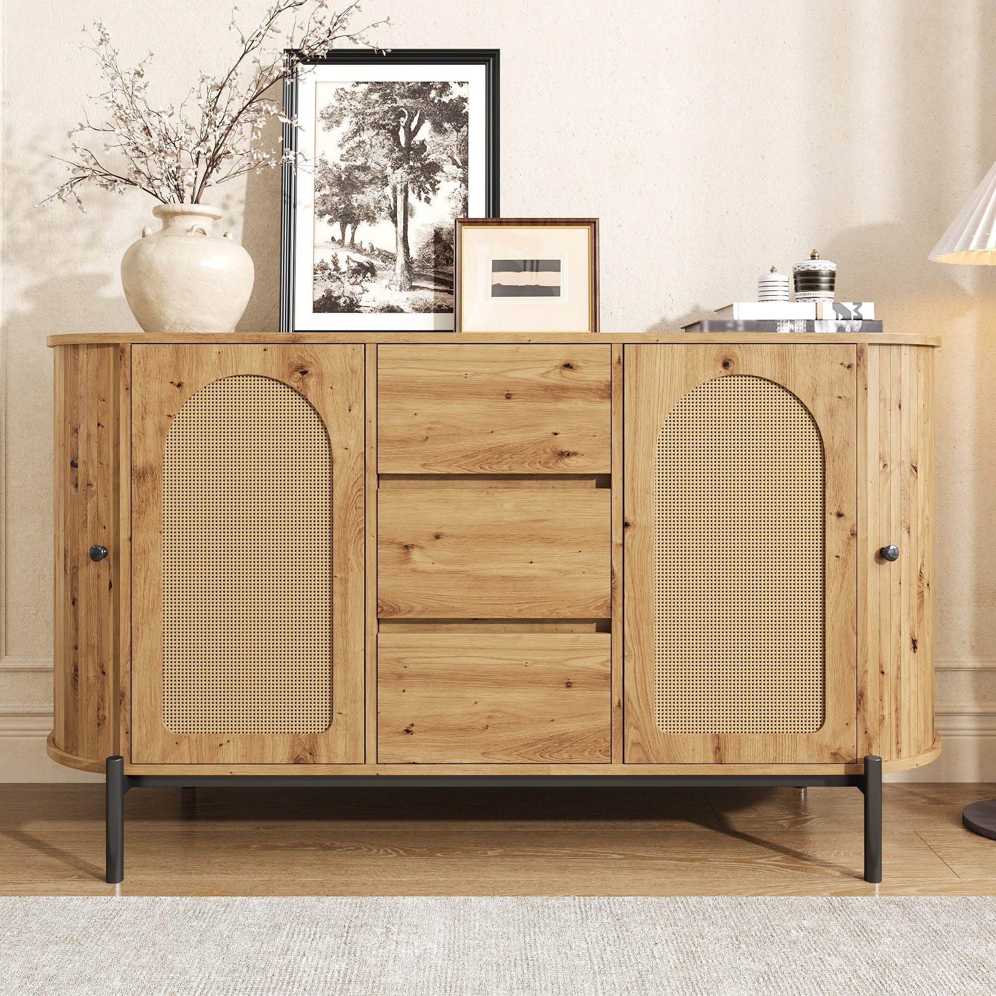 Oval Sideboard with Rattan Sliding Doors and Drawers, Adjustable Compartments and Metal Legs, Wood Look