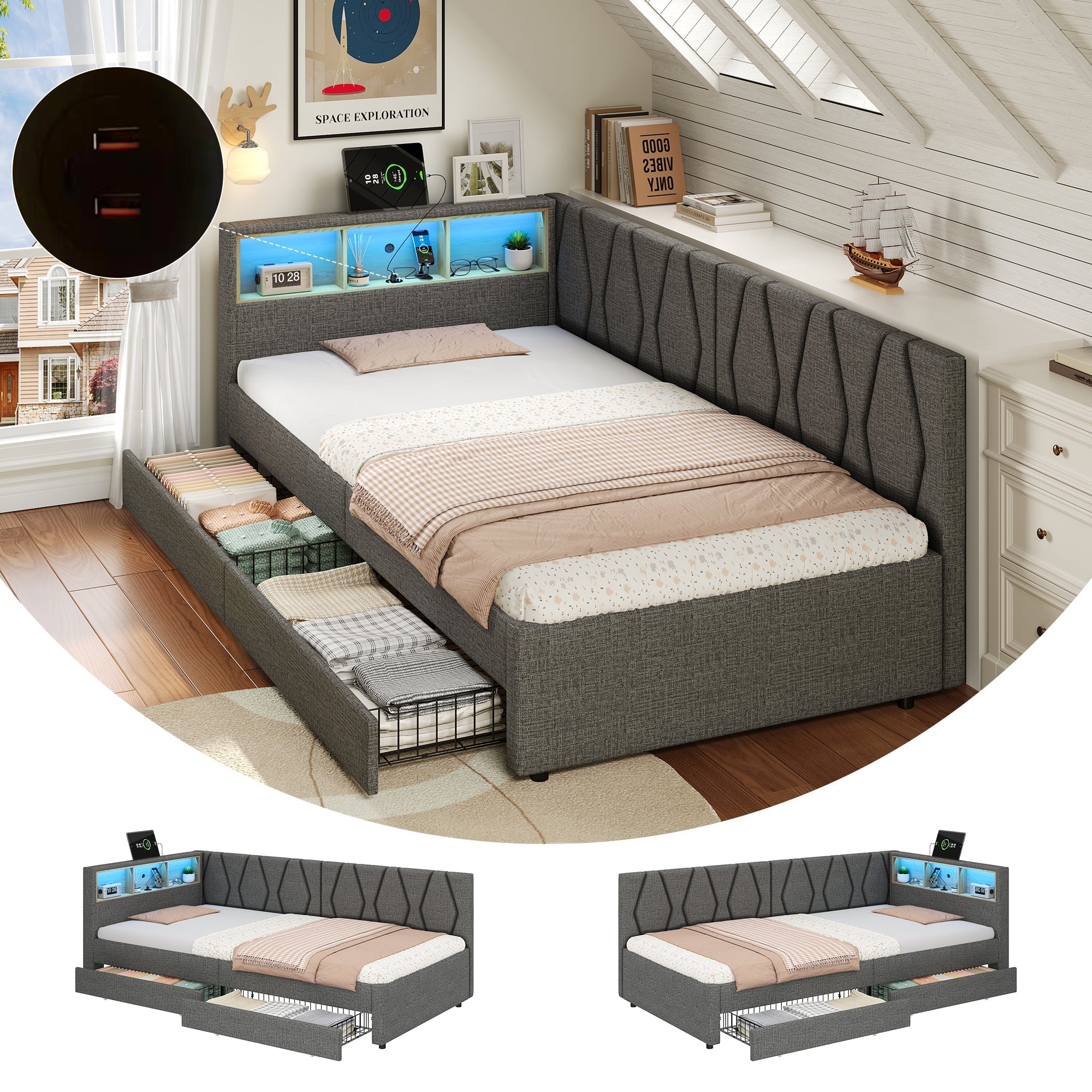 3ft Single Daybed with Two Storage Drawers, LED Modern Bed frame with Charging Station, Linen Sofa Bed, Grey