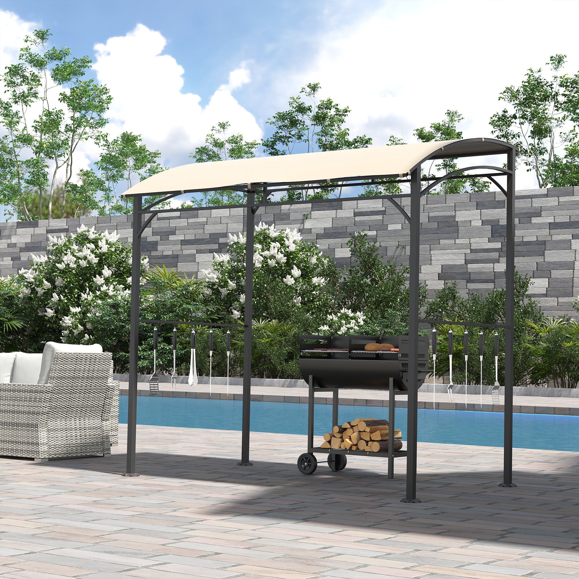 Barbecue Pavilion with UV-Resistant Canopy, Steel Frame & Hooks, Polyester Beige