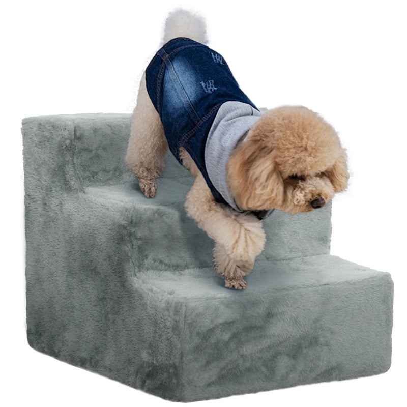 Three-Step Dog Stairs, Washable Plush Cover, High Bed Sofa - Light Grey