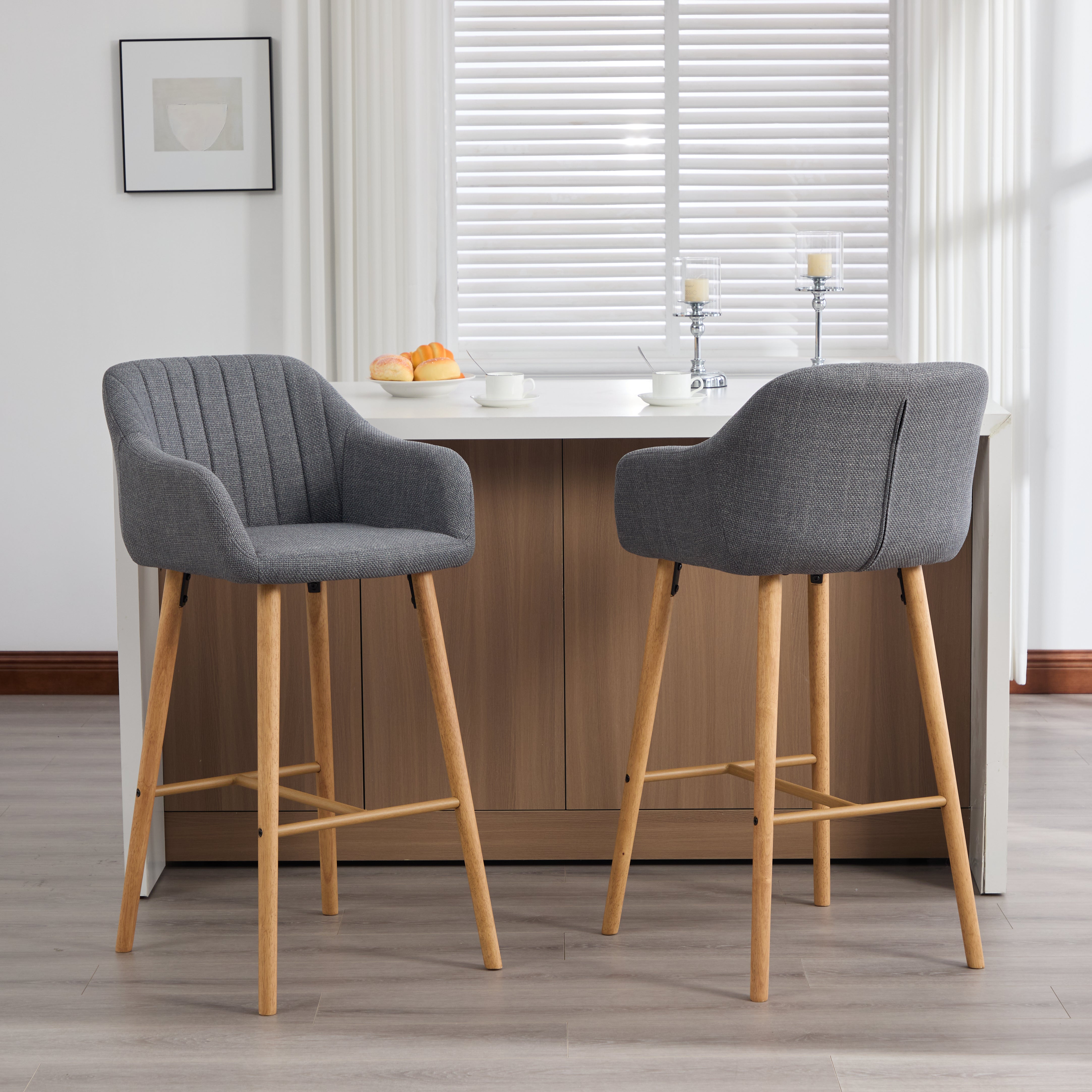 Modern Bar Stools Set of 2 with High Backrest and Armrests, Beige Linen