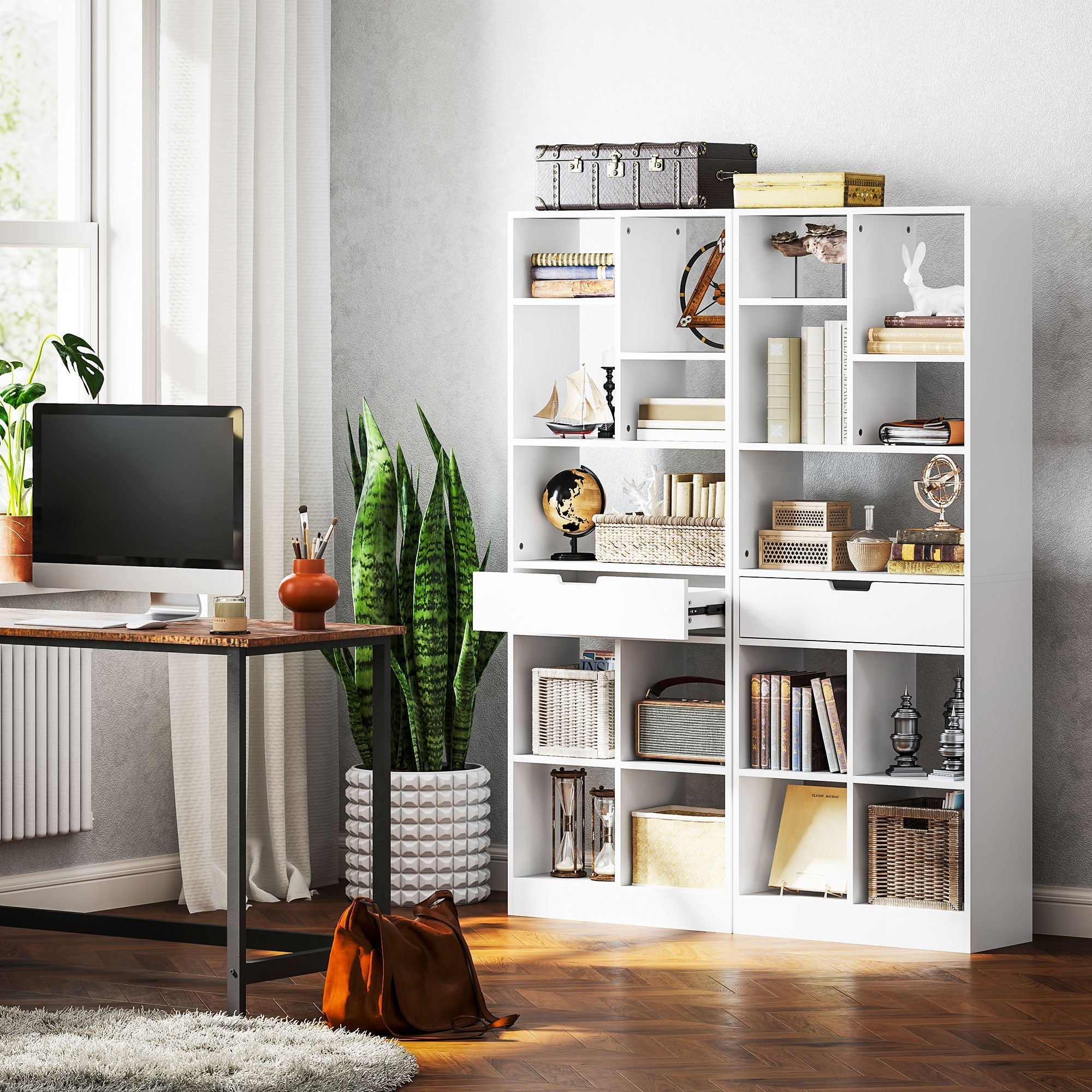 Bookshelf 9 Shelves 1 Drawer Anti-Tip 60x26x158cm White