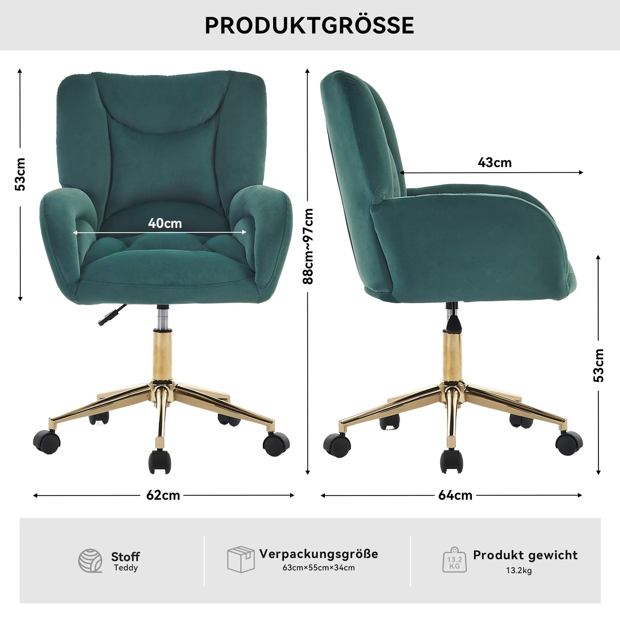 Full KD Swivel Chair, Height-Adjustable Home Office with Gold Legs, Green Velvet Fabric