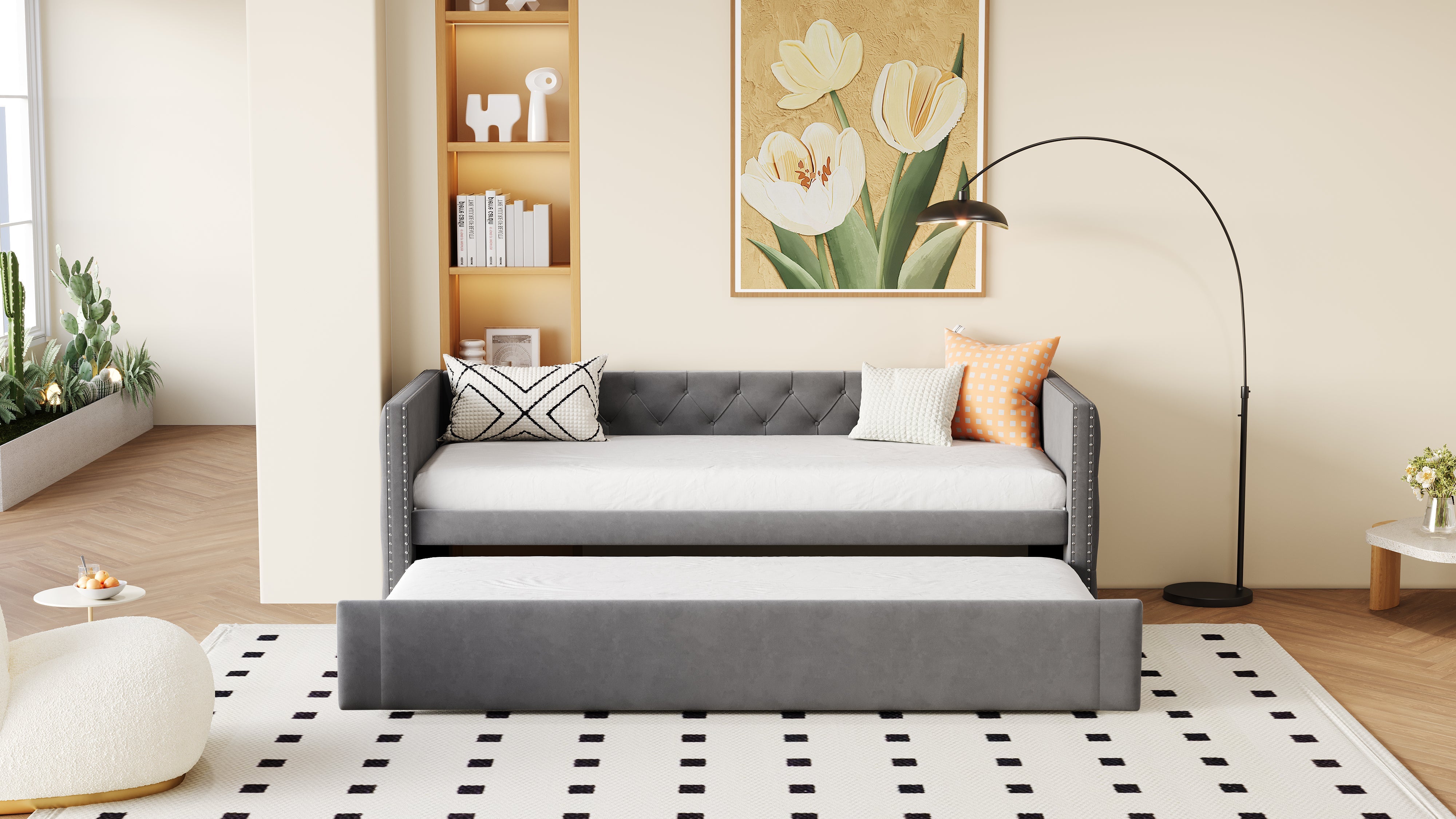 Upholstered Bed Sofa Bed, 90x200cm Multifunctional Guest, Grey Velvet