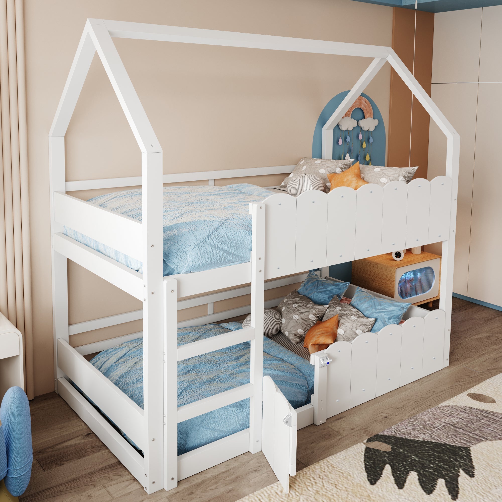 Children's Bunk Bed 90x200cm House Design Slatted Base White