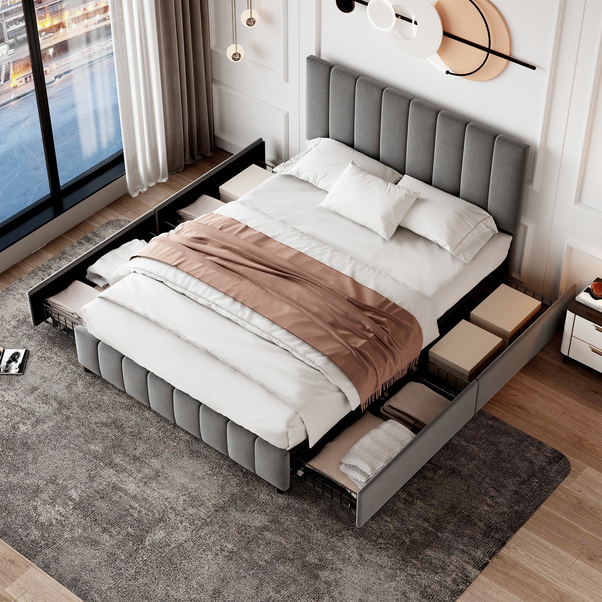 4ft6 Double Upholstered Bed with 4 Storage Drawers, Adjustable Channel Tufted Headboard, Grey Velvet