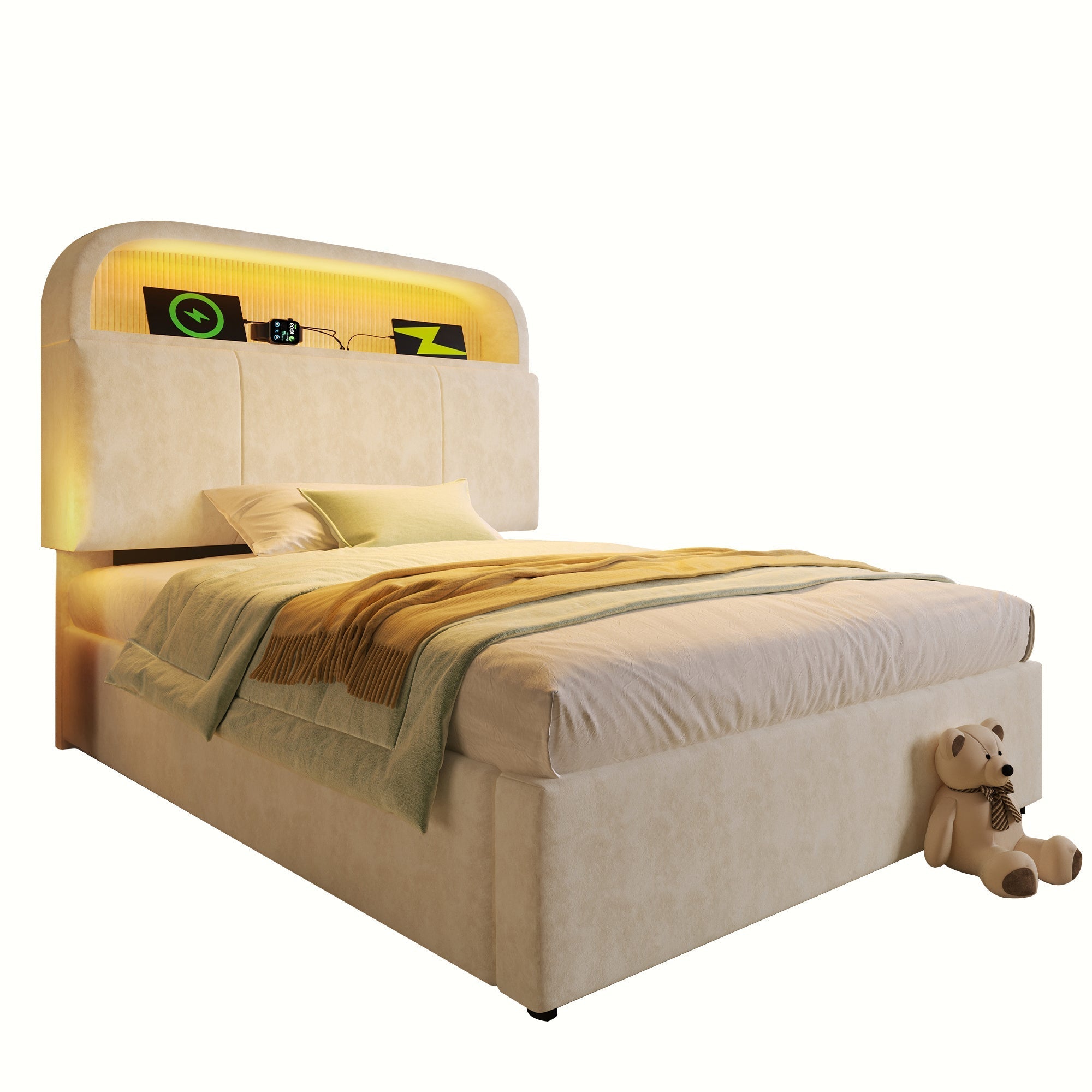 Upholstered Single Bed 90x200cm Adjustable Storage Headboard Hydraulic LED & USB/Type-C Charging Velvet Beige
