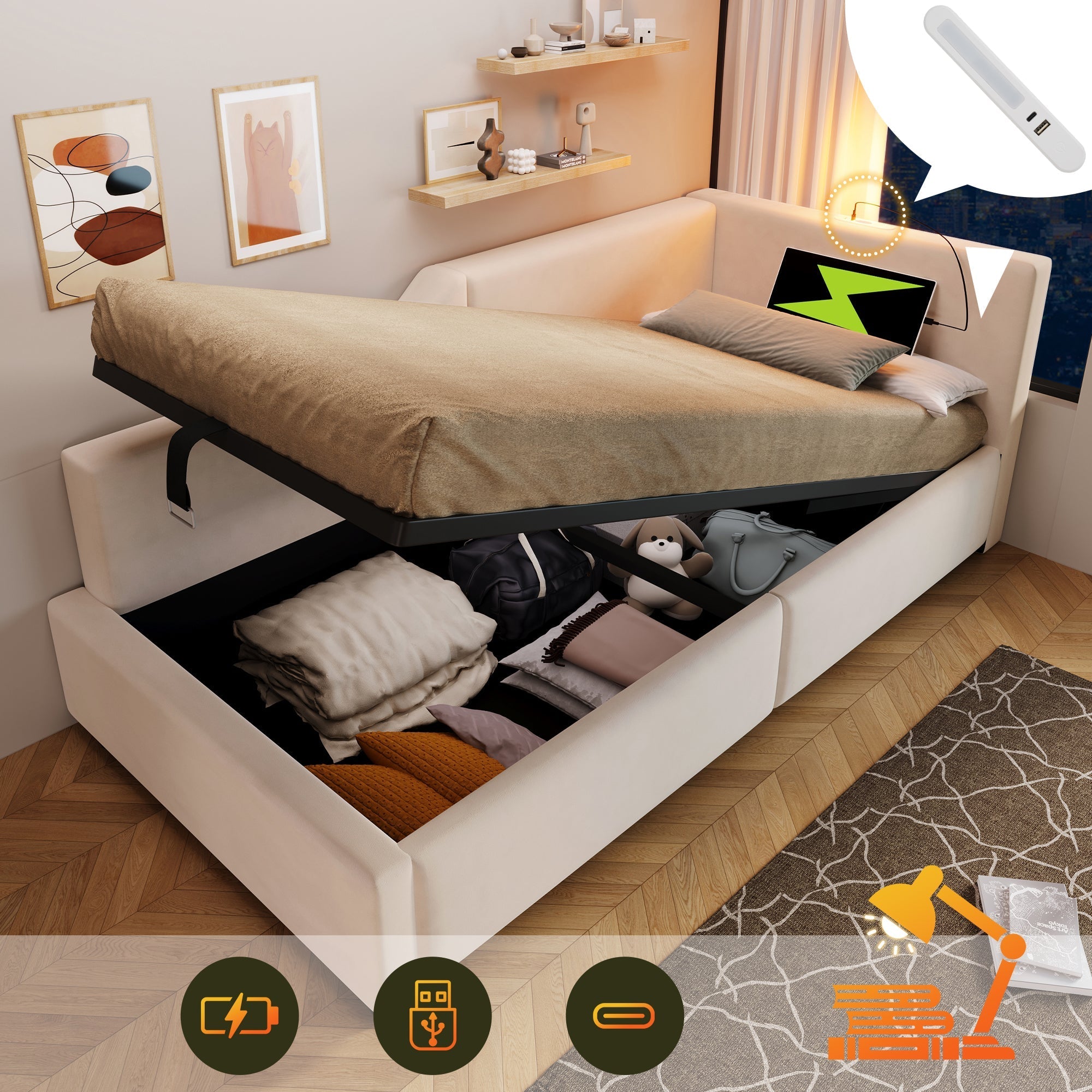 Daybed, 90x200cm Sofa with Hydraulic Storage, Reading Light & USB-C, Velvet Beige