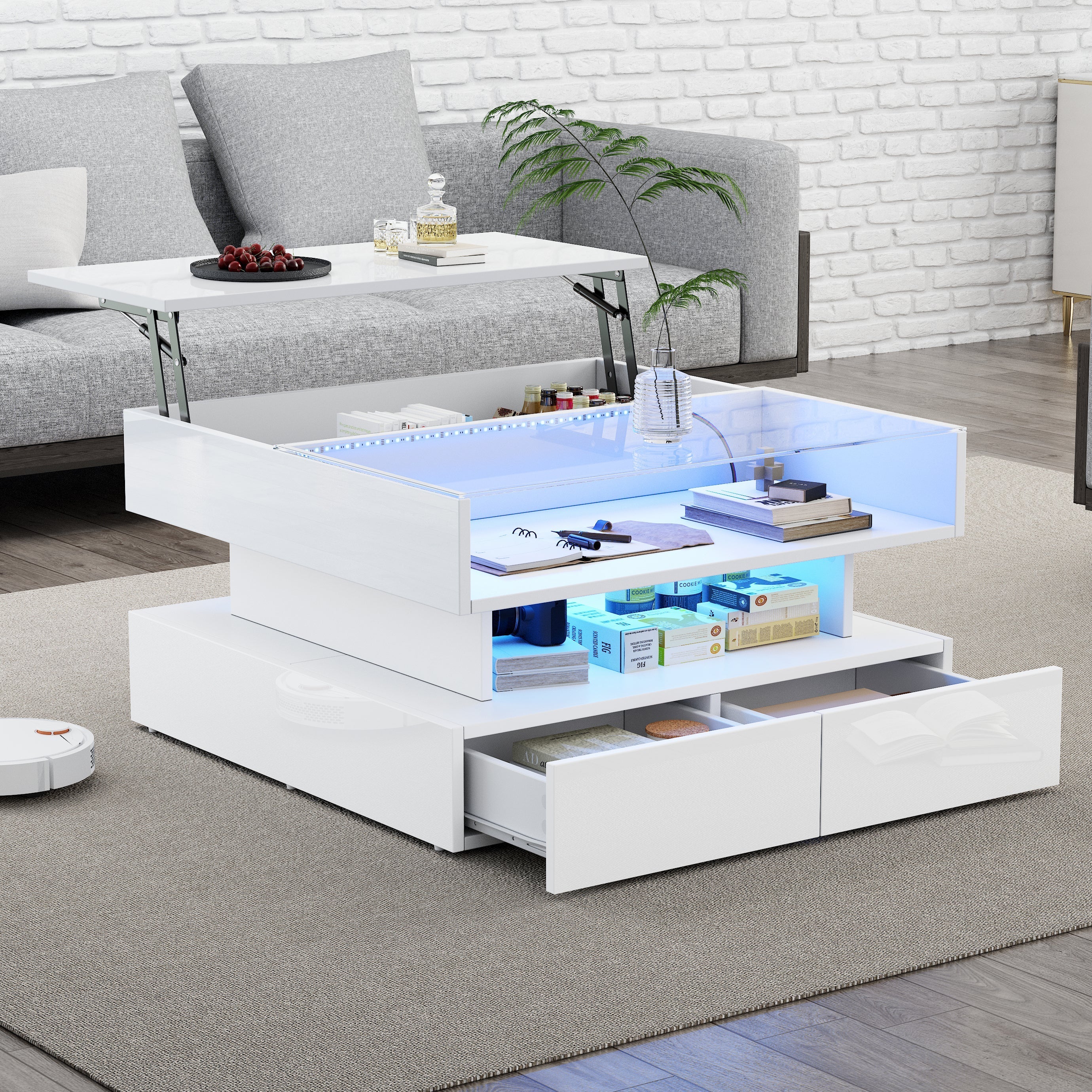 Coffee Table, 80x80x45cm Height-Adjustable Storage LED Lights Tempered Glass, White