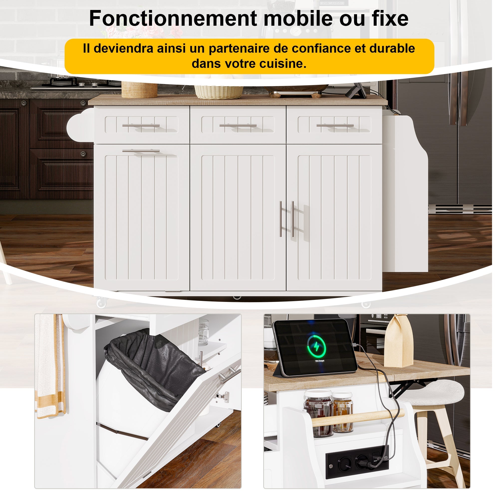 Kitchen Island Extendable Worktop Waste Bin Power Strips Mobile