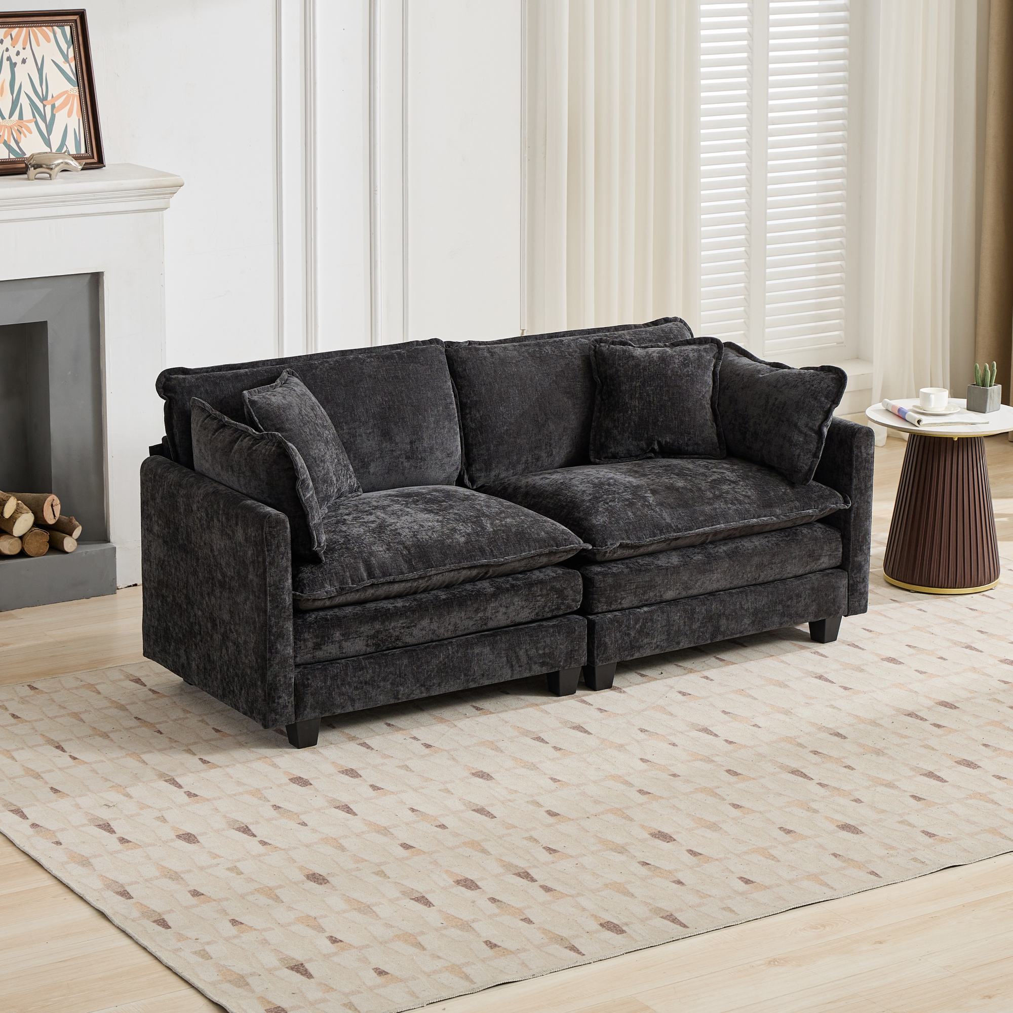 Cloud Sofa Loveseat, Modern Sectional Couch with Double Layer Cushions, Black Chenille Fabric
