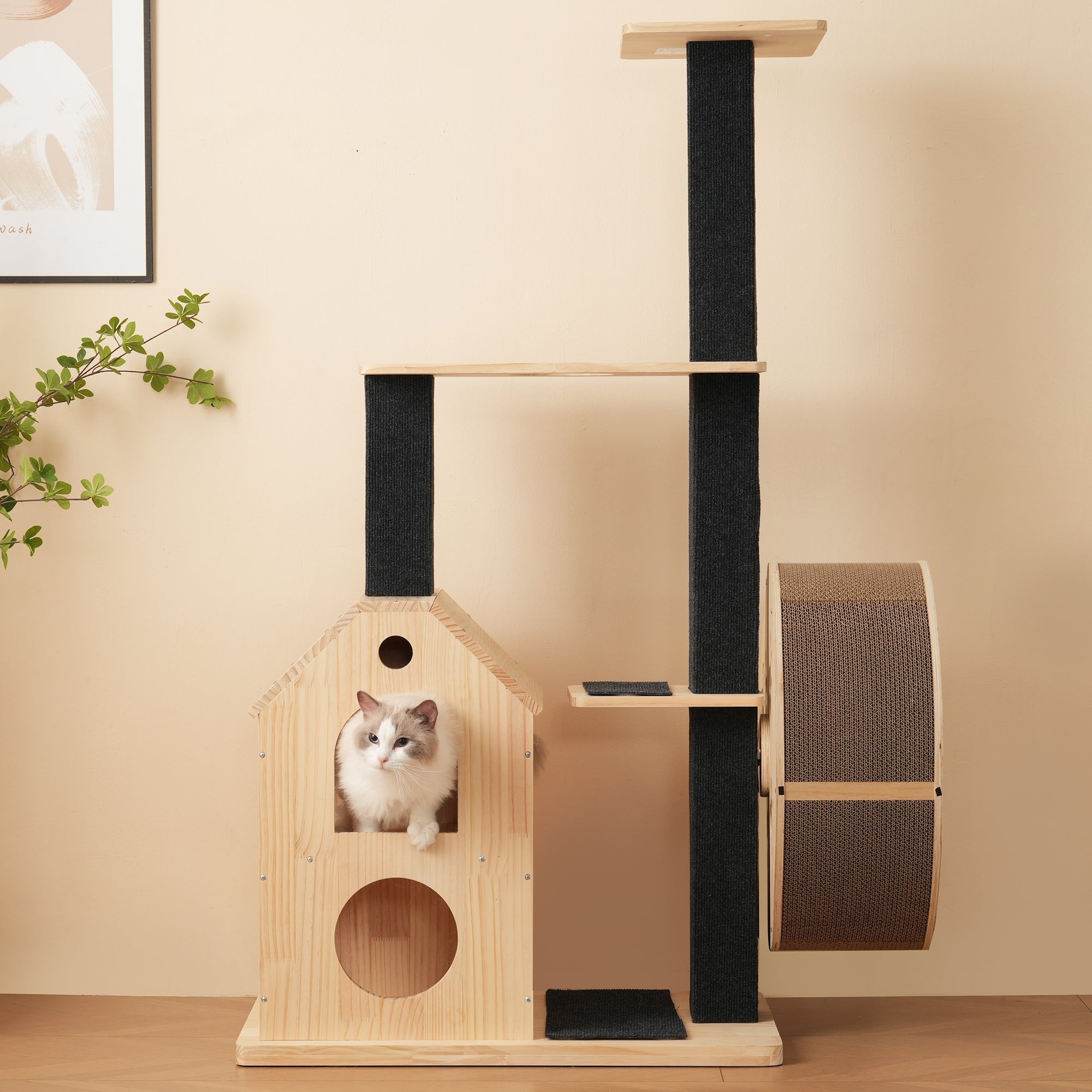 Solid Wood Cat Tree with Exercise Wheel, 4 Platforms, 2 Houses, Sisal Posts, 80×40×152 cm