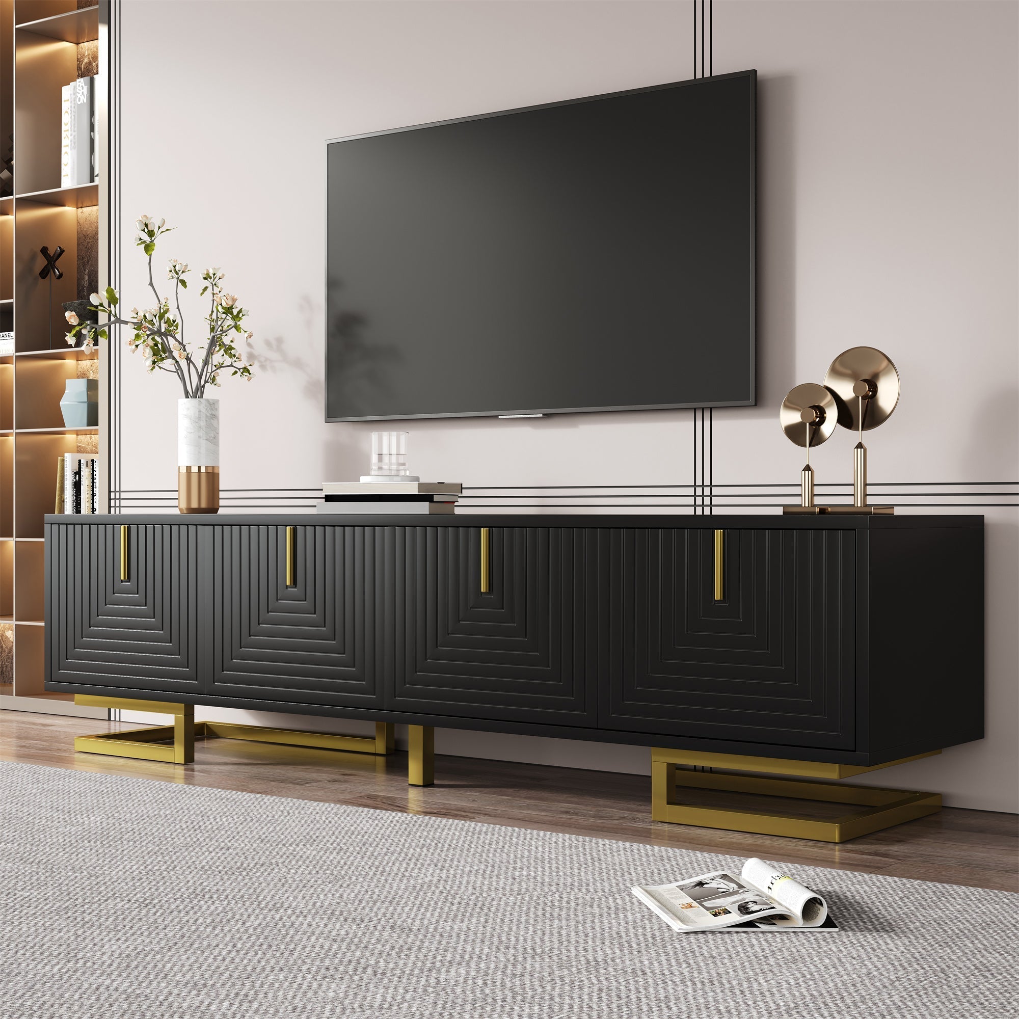 TV Cabinet, Textured Doors with Golden Handles and Legs