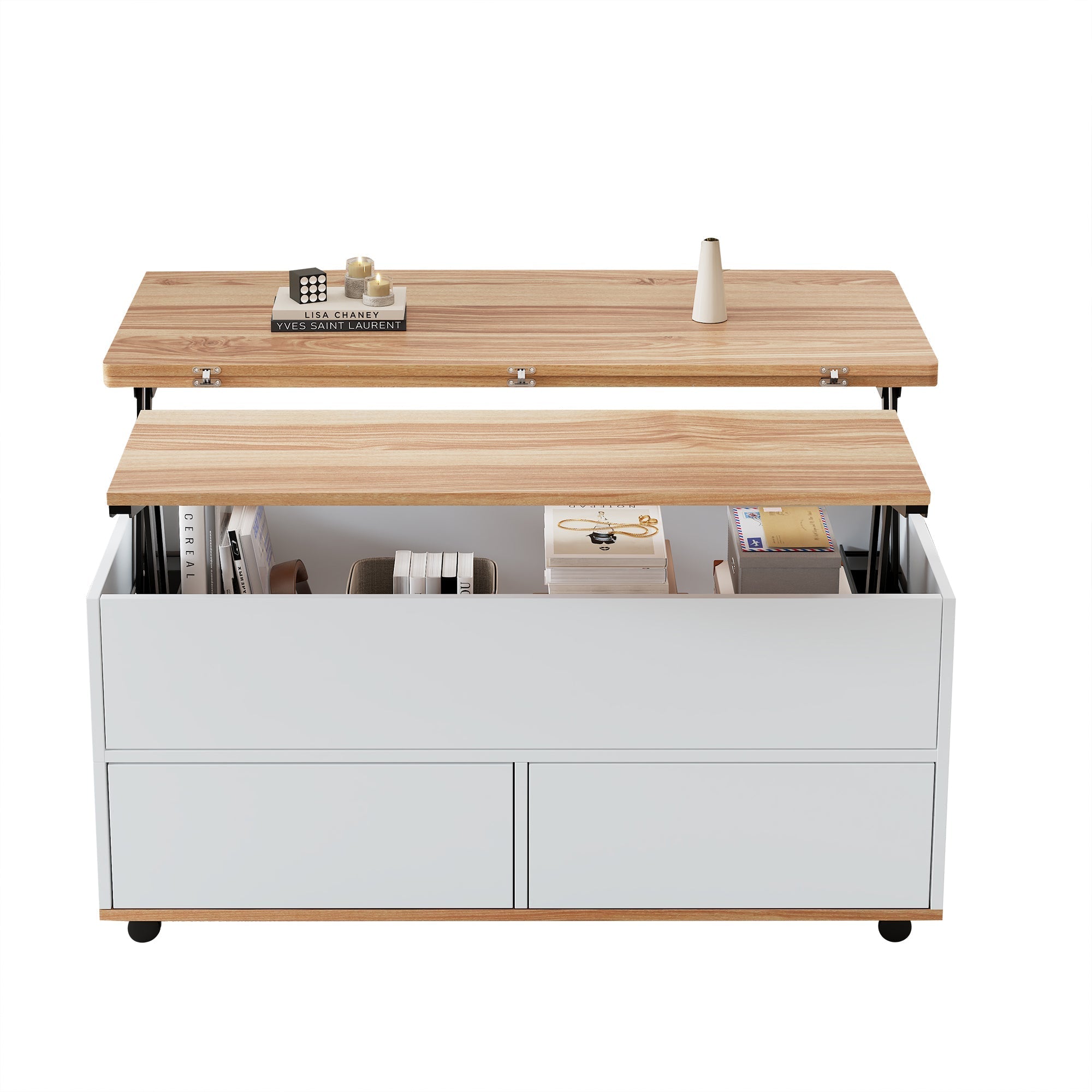 Coffee Table, Height-Adjustable with Hidden Storage and Wheels, White + Natural Wood
