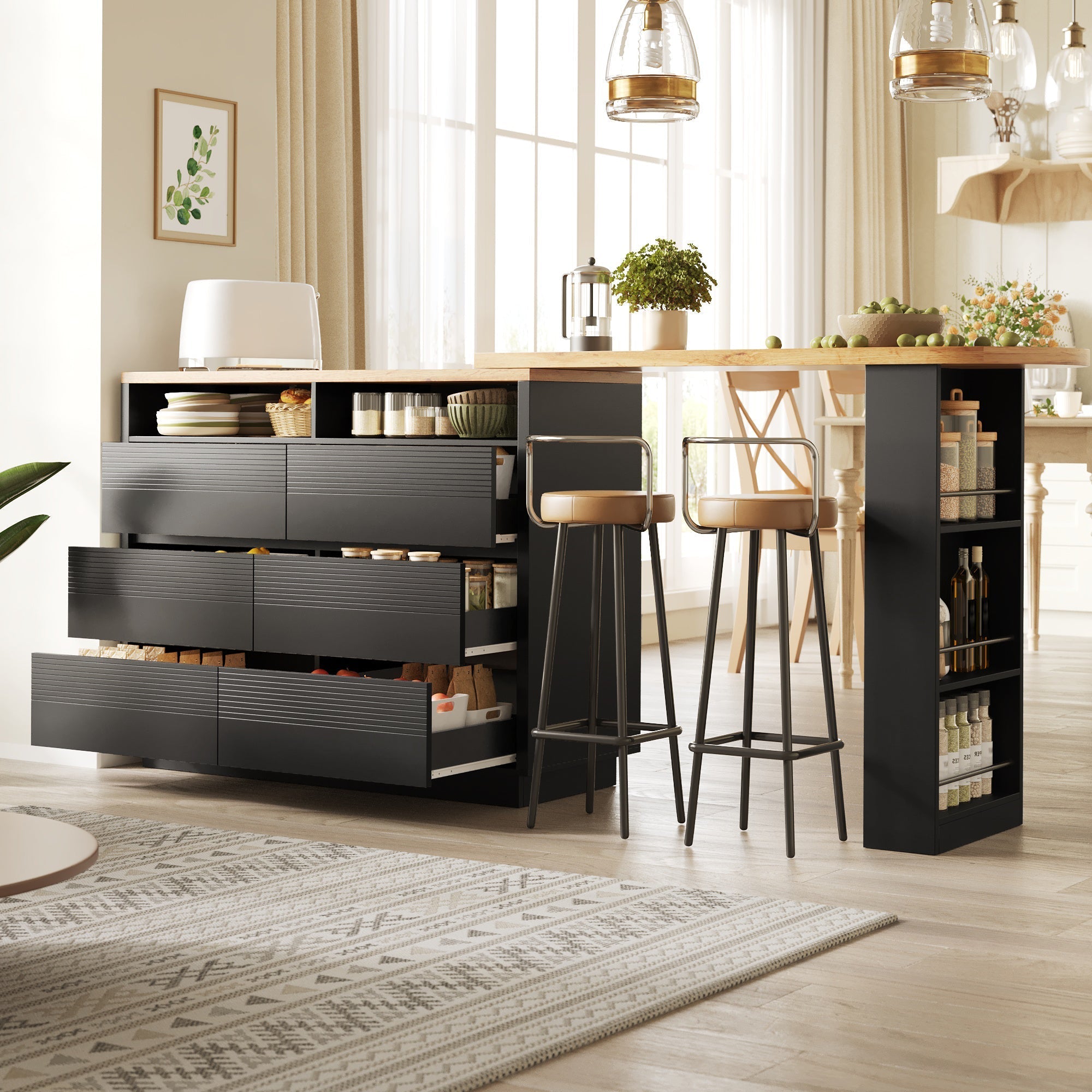 Extendable Bar Table with Storage and Six Drawers, MDF