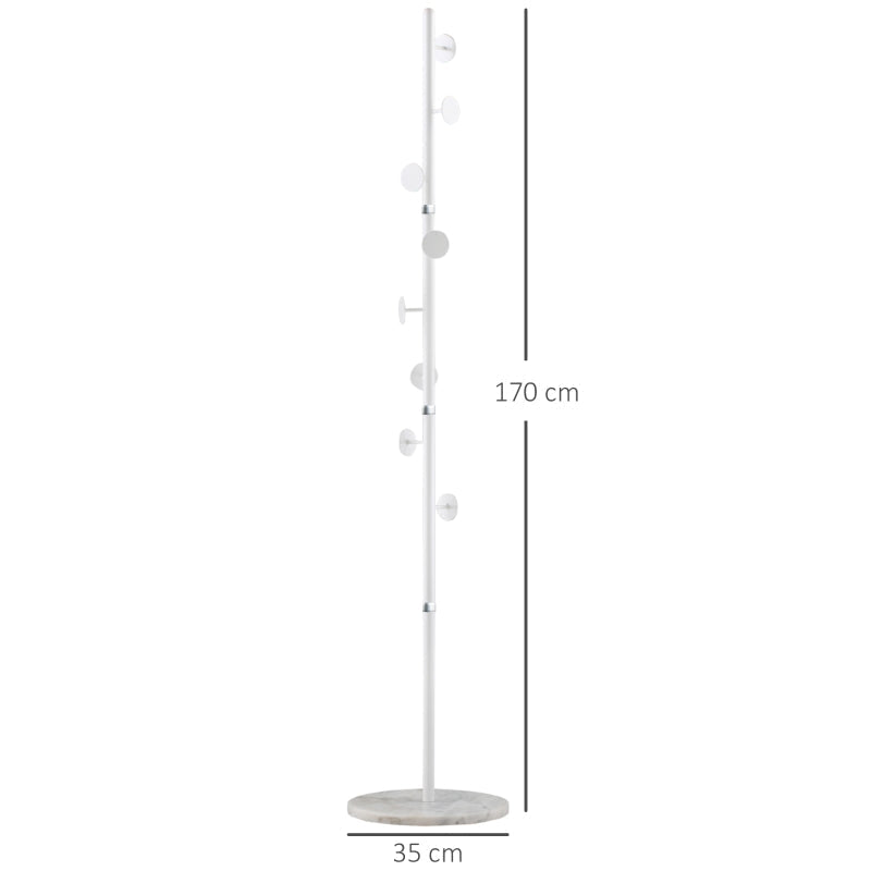 Coat Rack Free Standing Hall Tree 8 Round Disc Hooks Steel with Marble Base, White