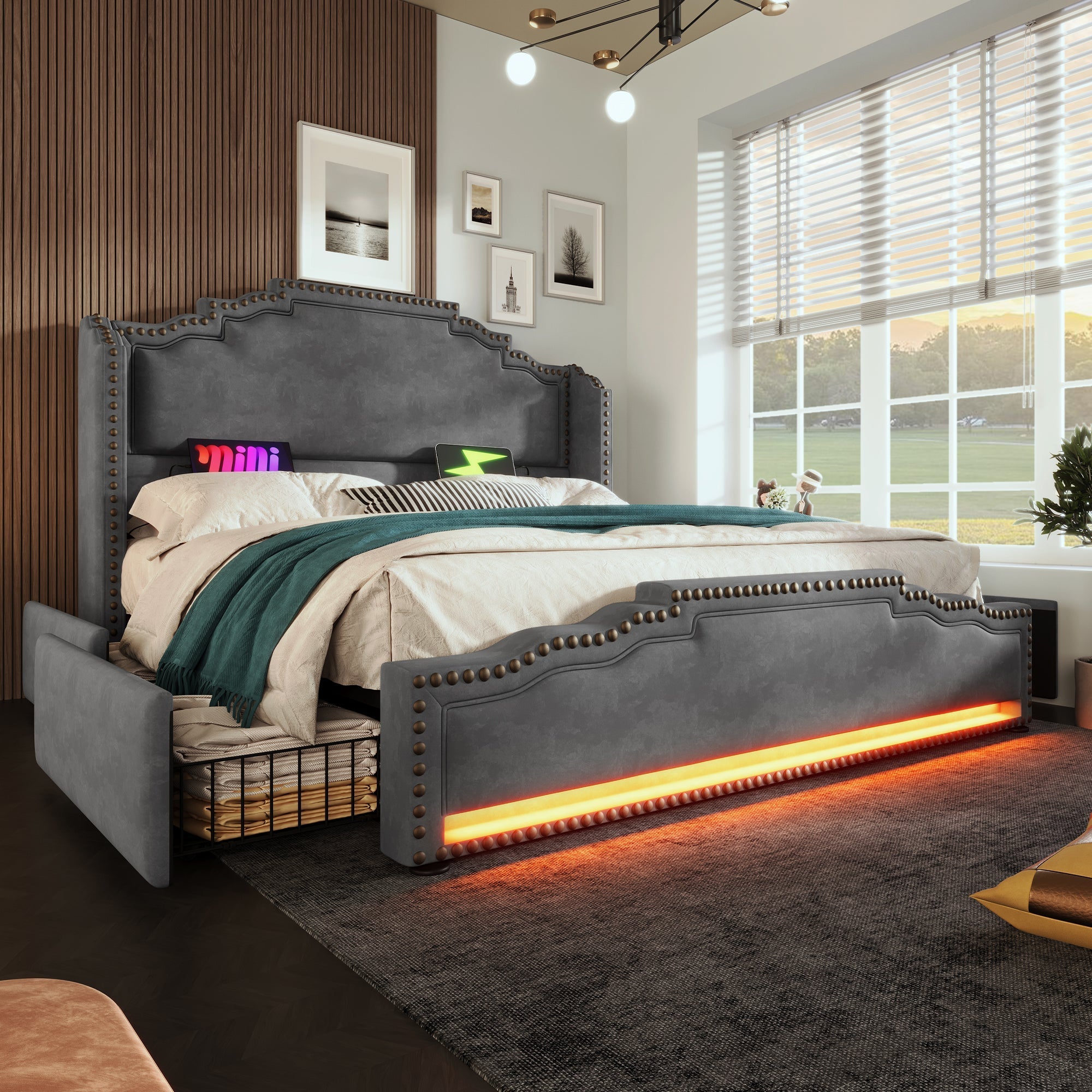 Upholstered Bed 160x200, 4 Drawers, LED, USB-C, Slatted Frame, Velvet Grey