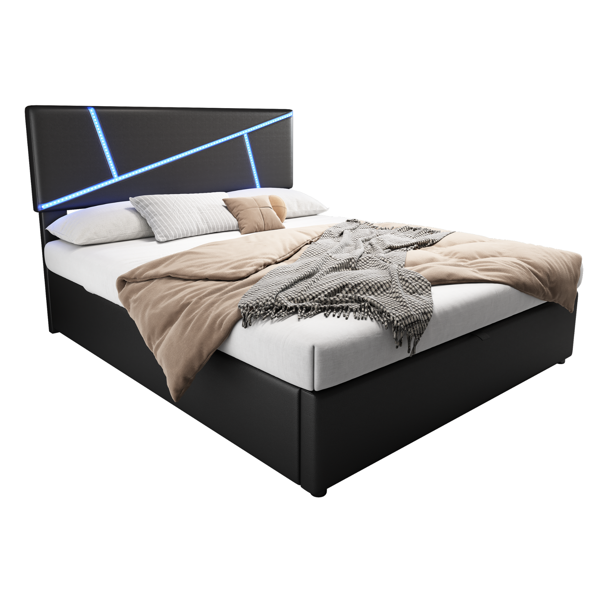 Upholstered Bed 140x200cm Double Hydraulic LED - Synthetic Leather Black
