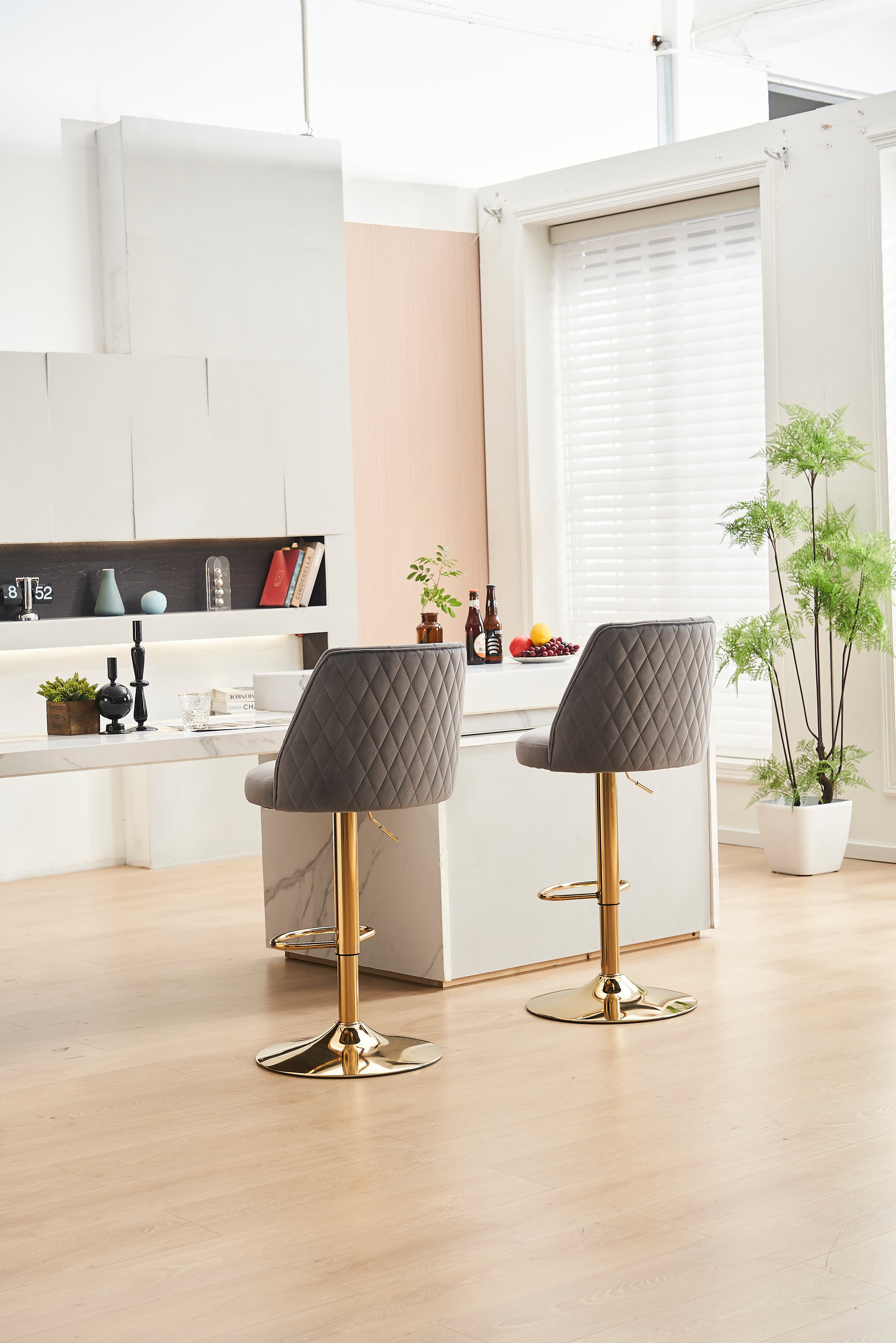 Modern Bar Stool Adjustable Height Tufted Backrest Footrest Set of 2, Velvet Grey